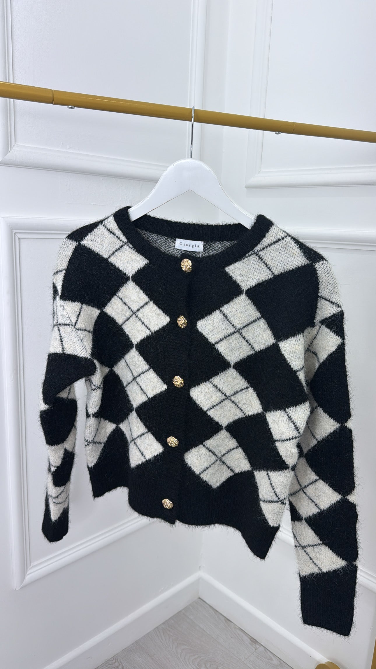 Black Gold Button Argyle Knit Cardigan