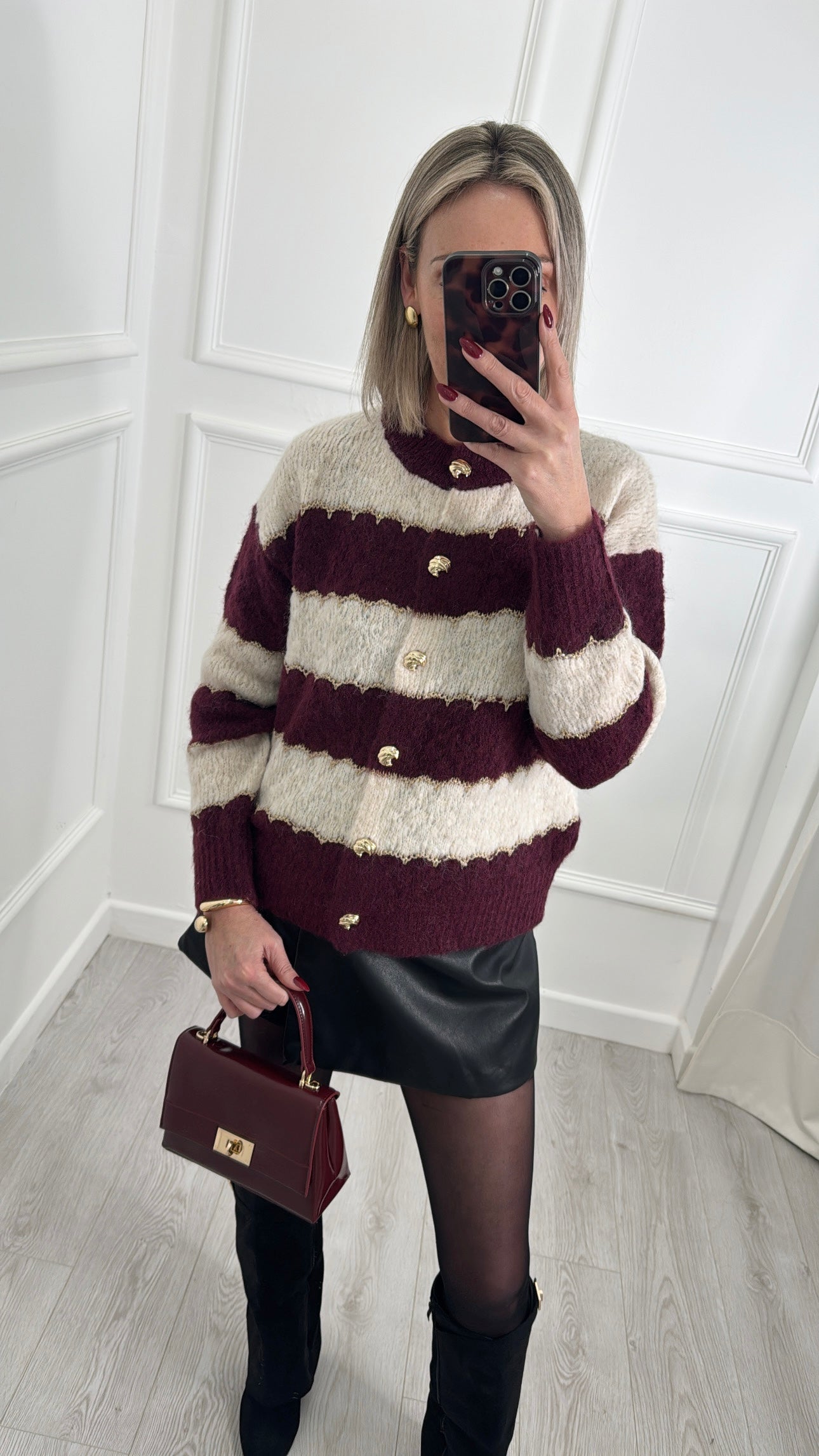 Burgundy & Cream Knit Cardigan