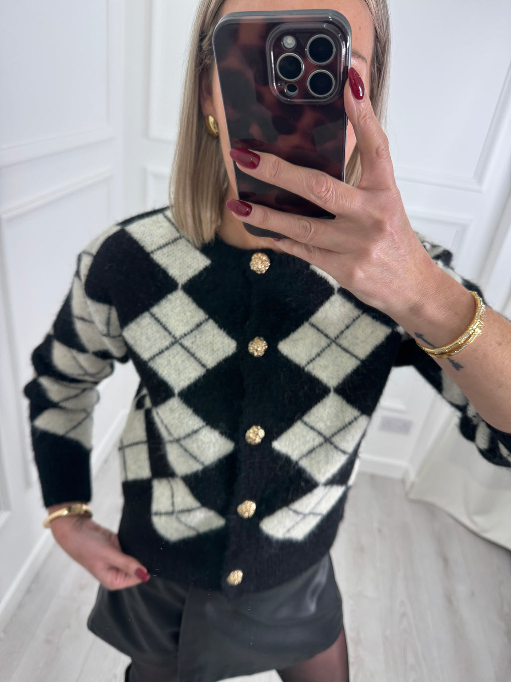 Black Gold Button Argyle Knit Cardigan