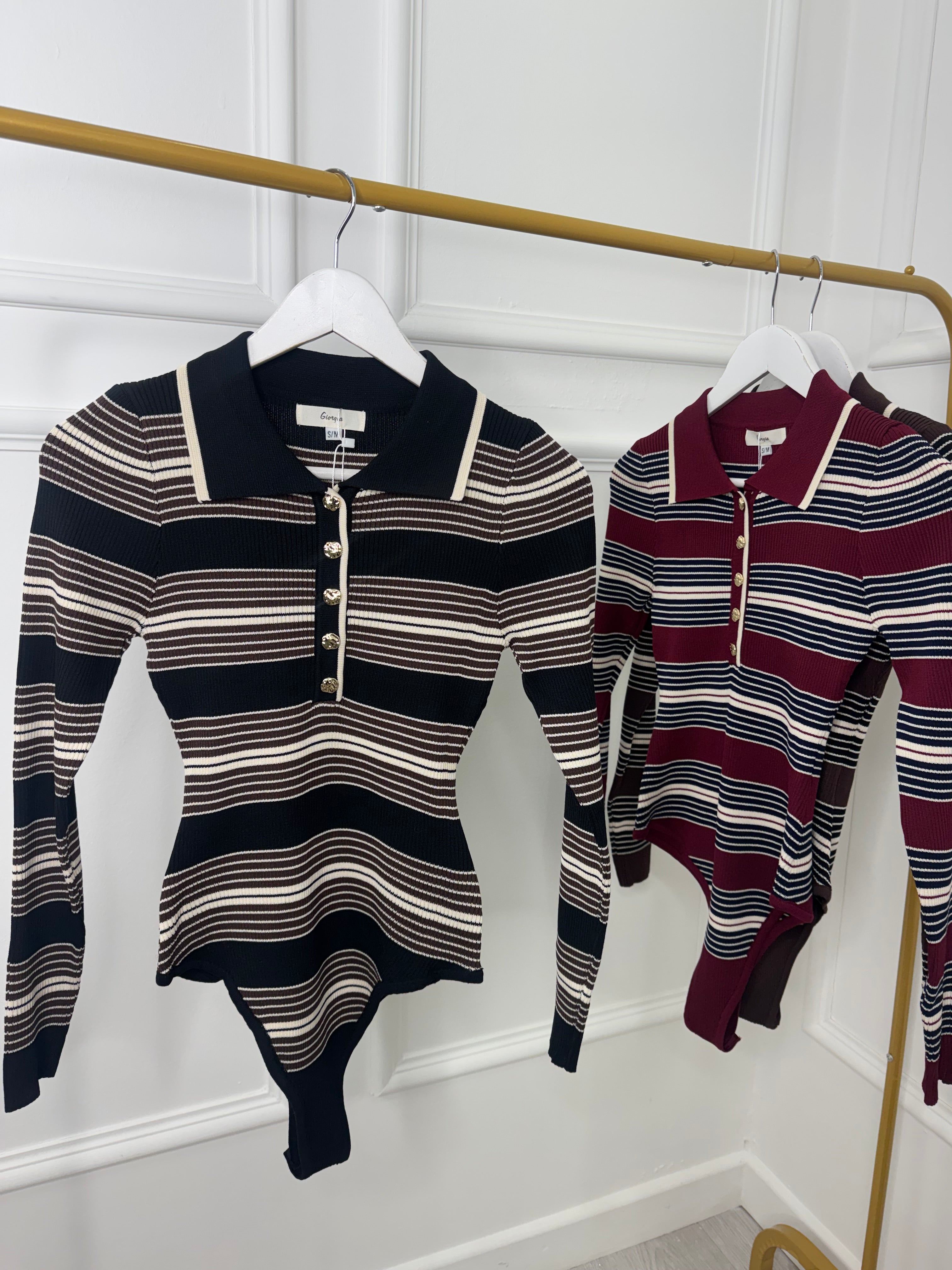 Black Stripe Ribbed Knit Bodysuit