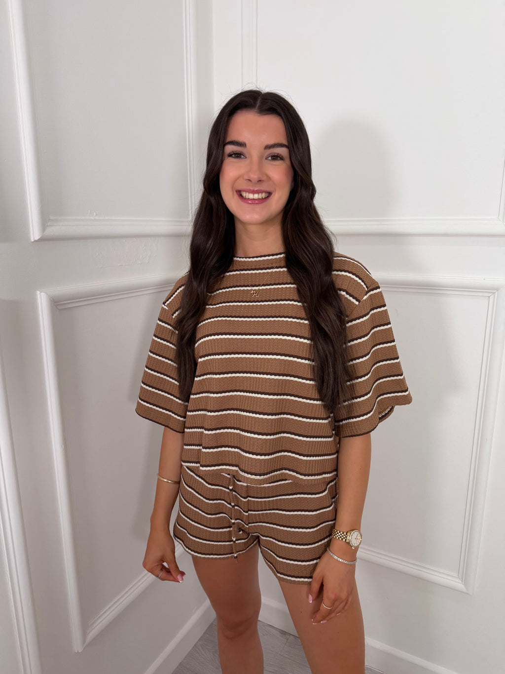 Tan Jersey Stripe Top & Shorts Co-ord Set
