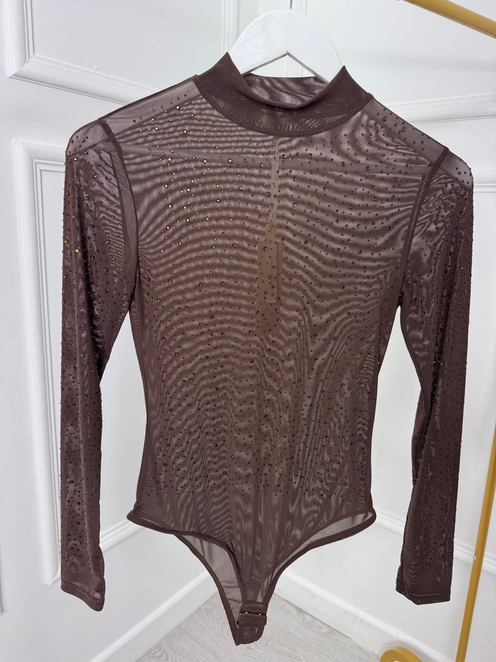 Brown Embellished Mesh Bodysuit