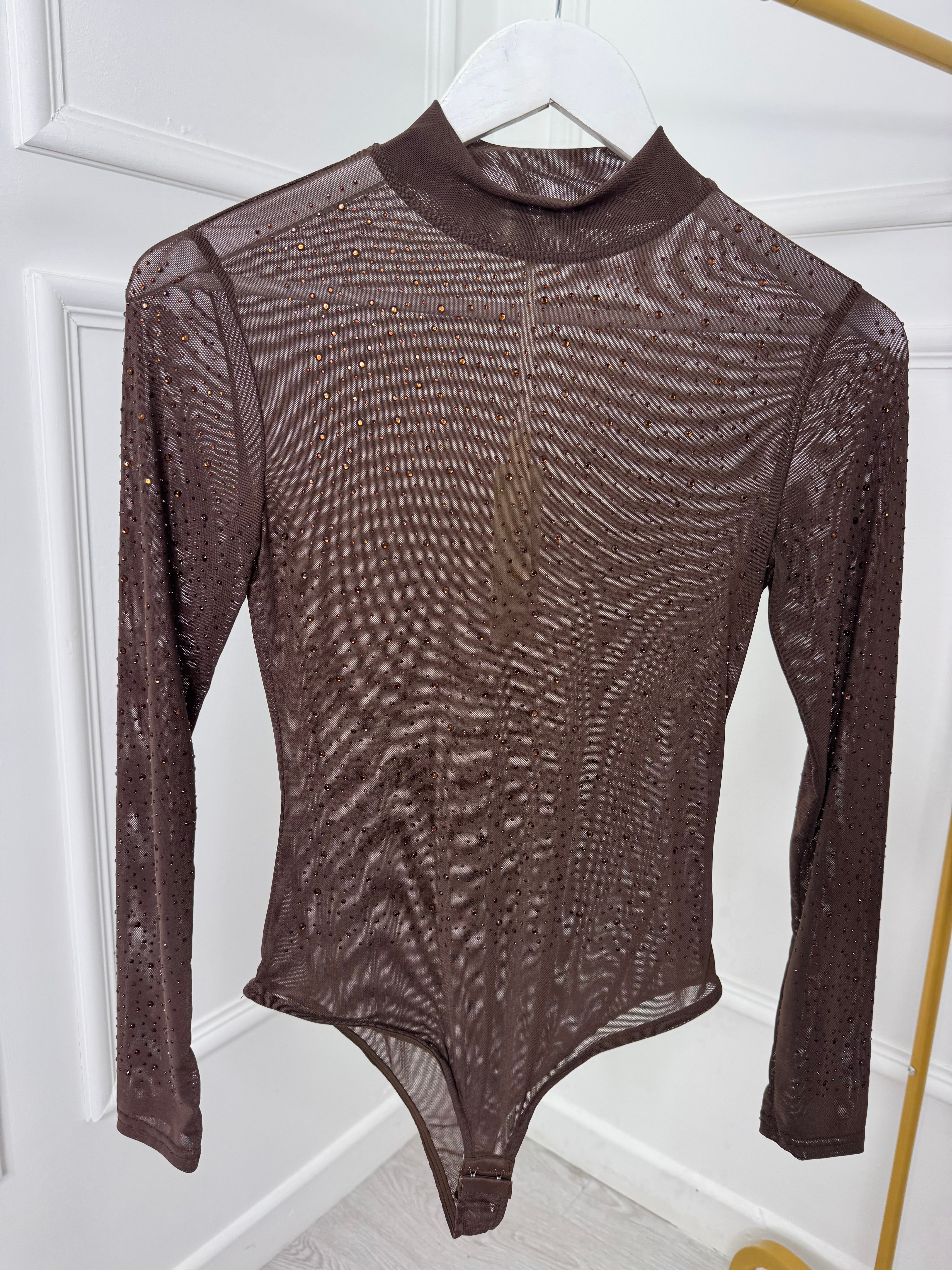 Brown Embellished Mesh Bodysuit