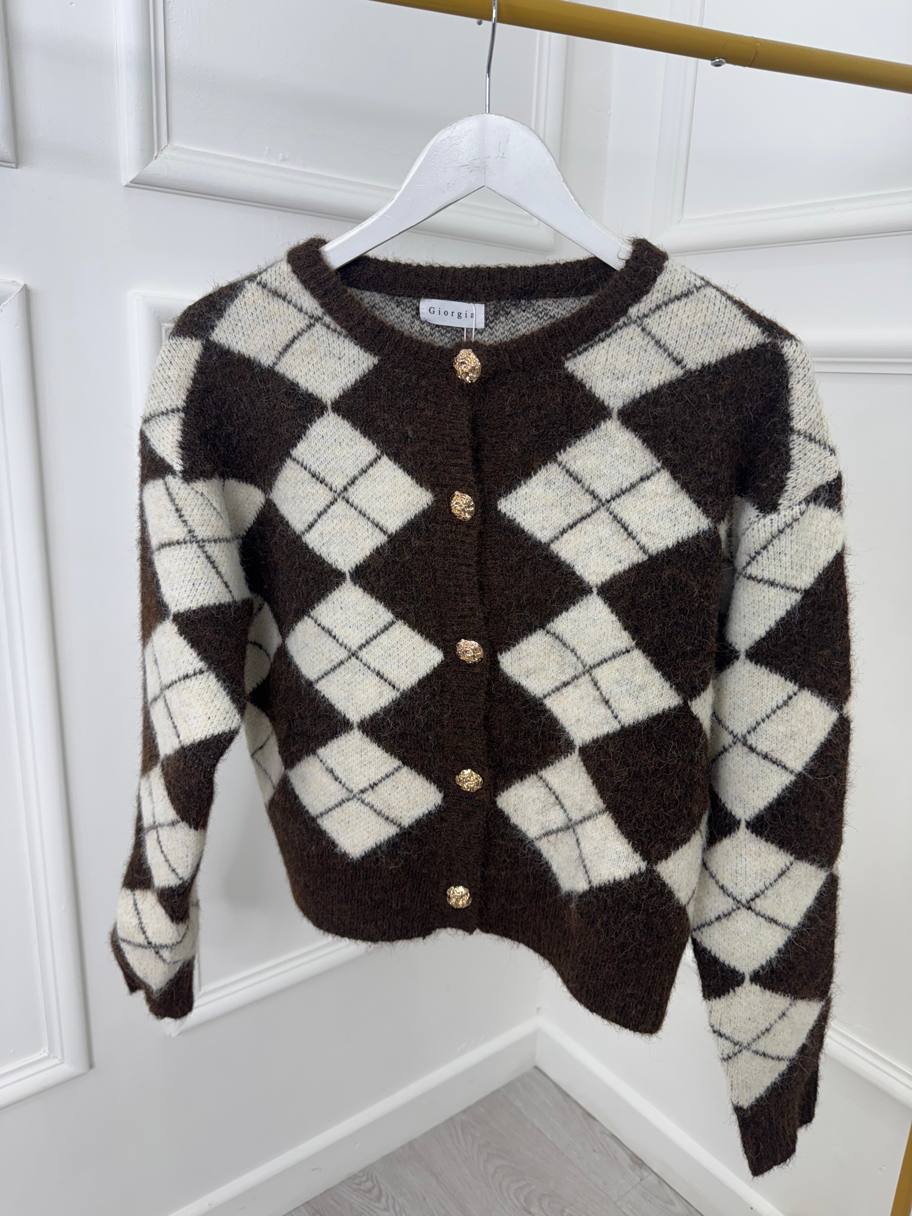 Brown Gold Button Argyle Knit Cardigan