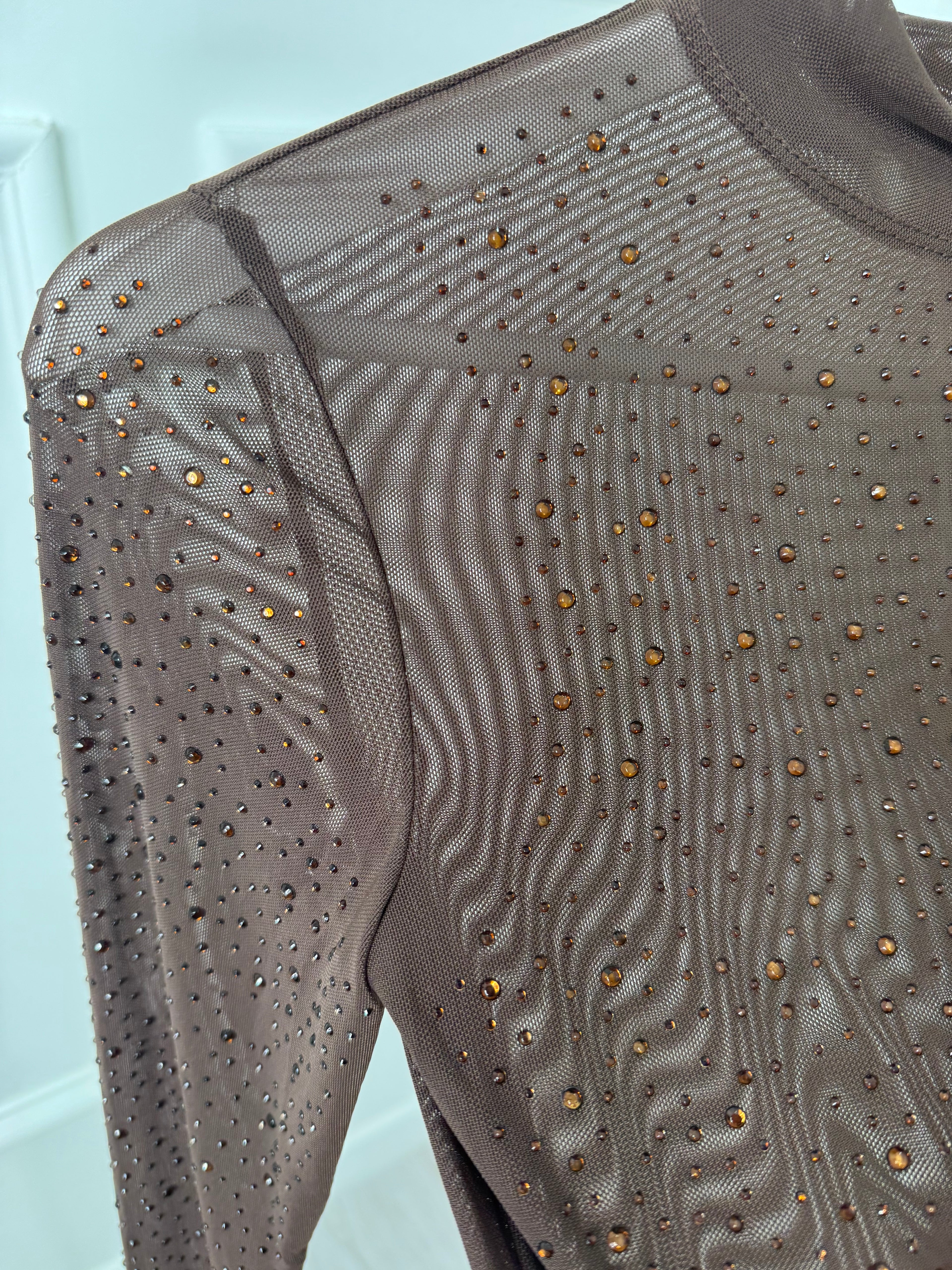Brown Embellished Mesh Bodysuit