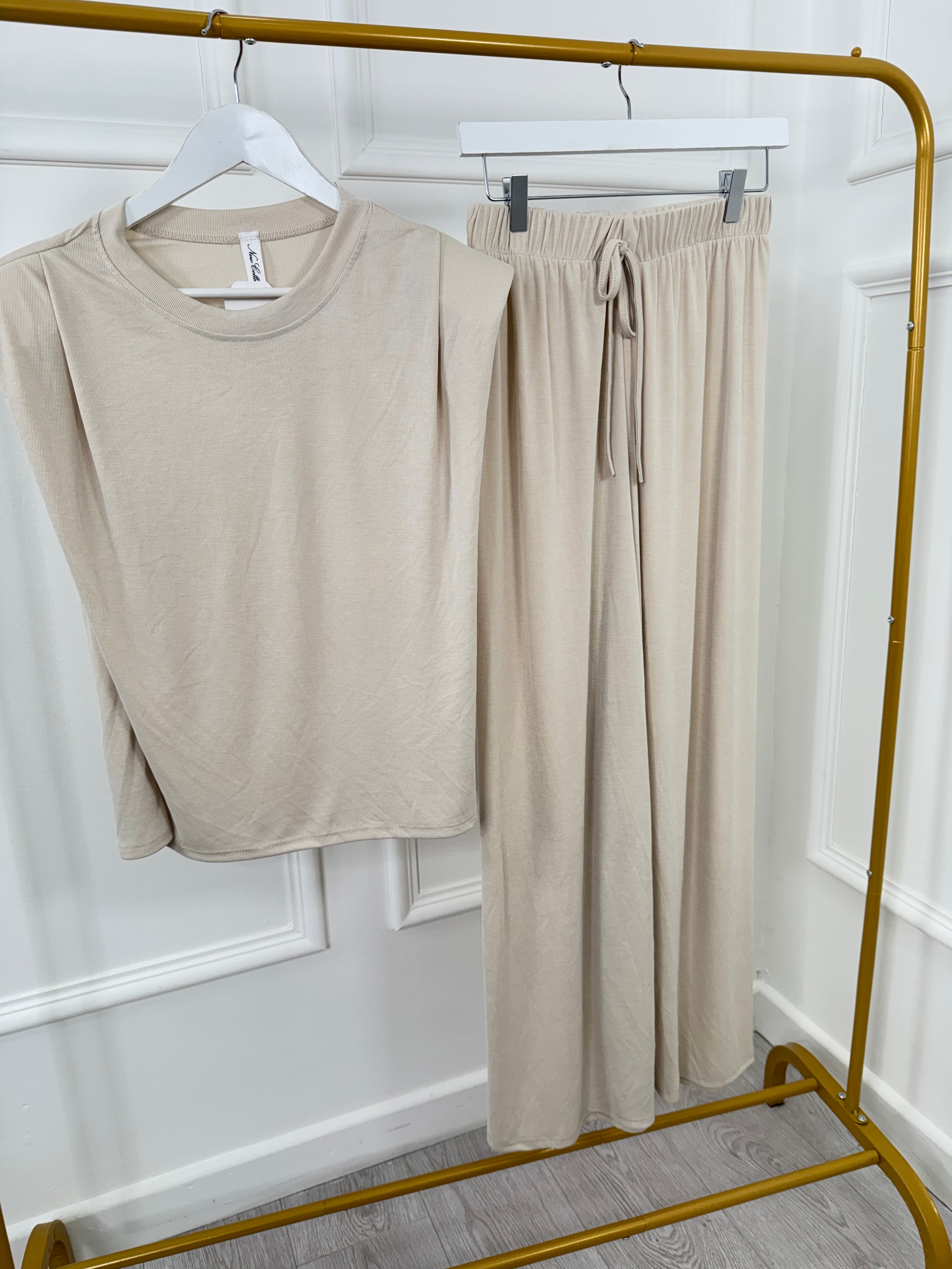Cream Shoulder Pad Top and Trousers Two Piece Set Co ord