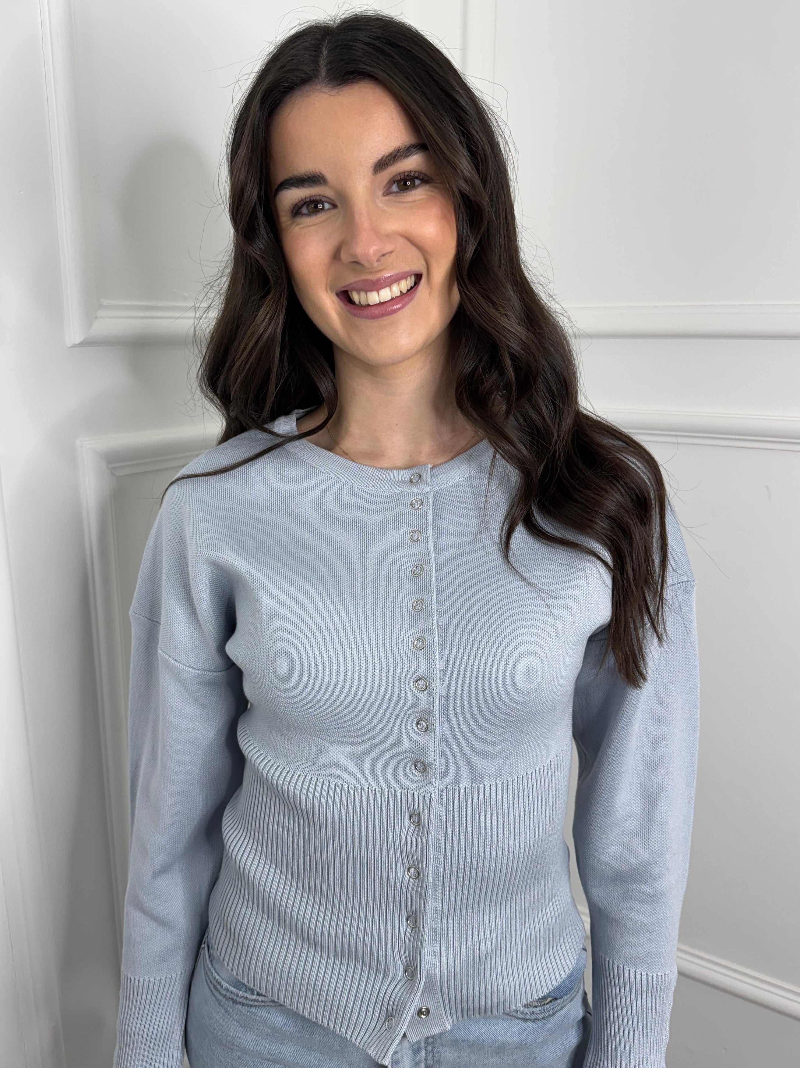 Baby Blue Press Stud Knit Cardigan