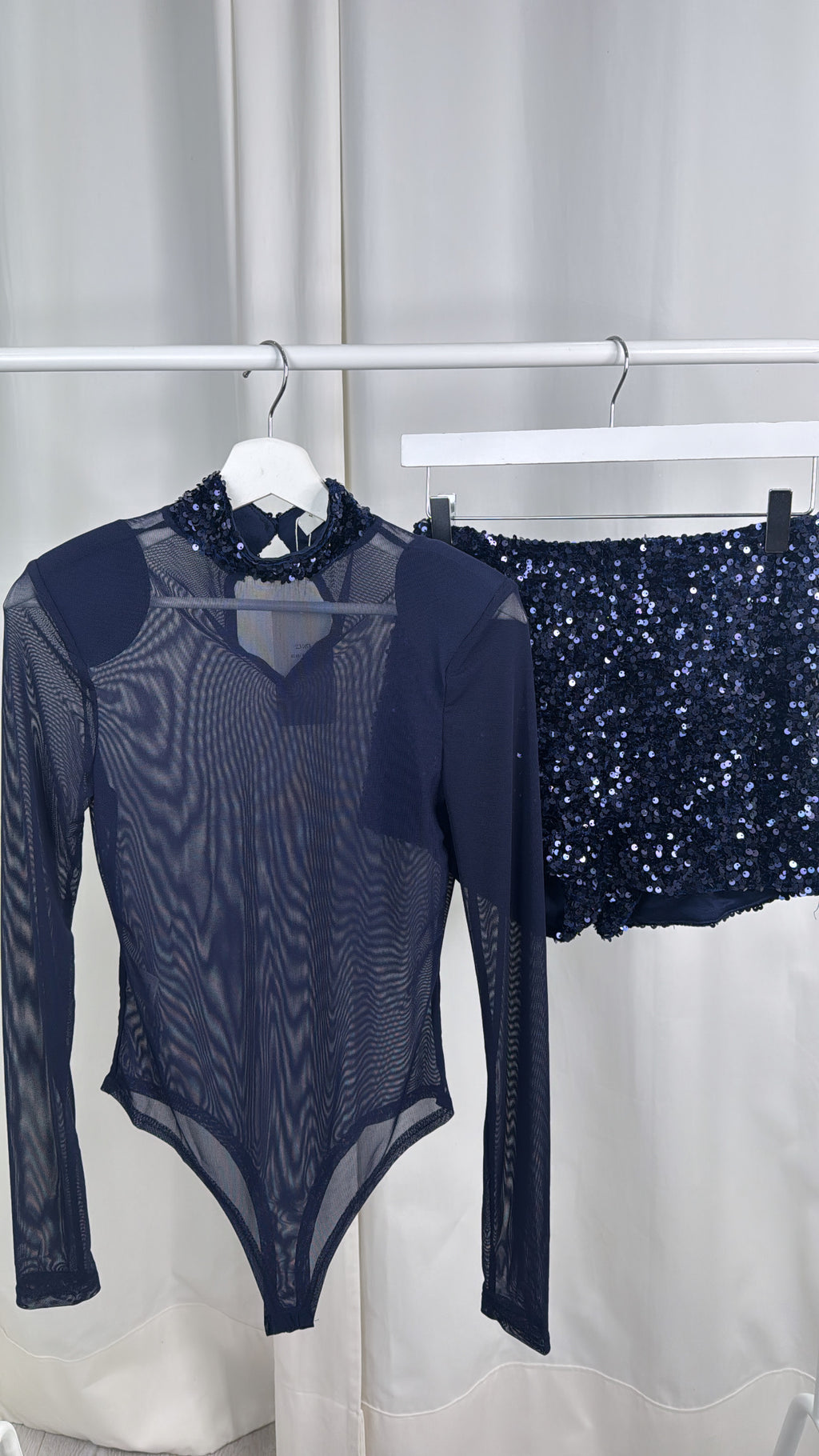 Navy Blue Sequin Mesh Bodysuit