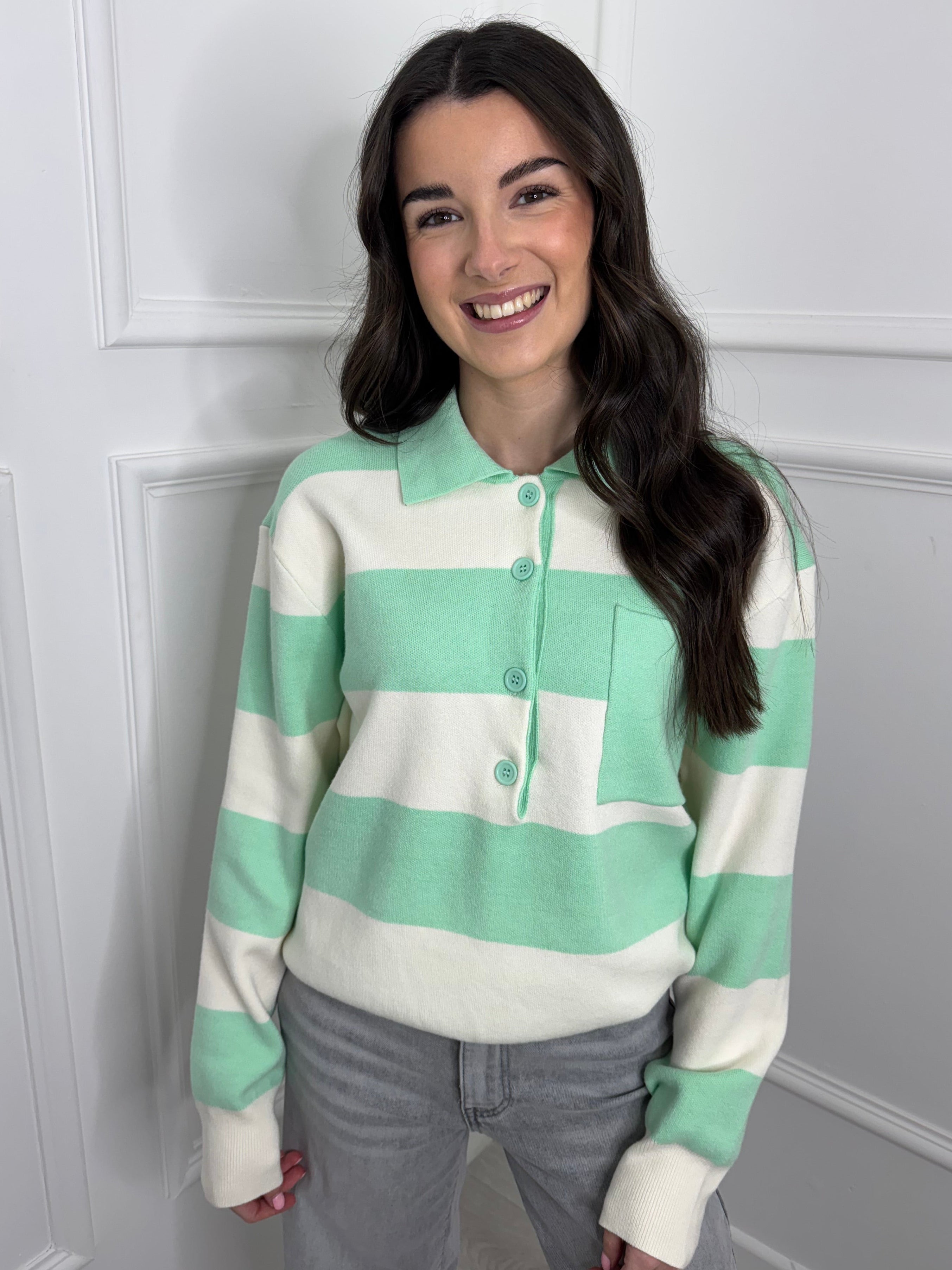 Mint & Cream Stripe Knit Polo Shirt