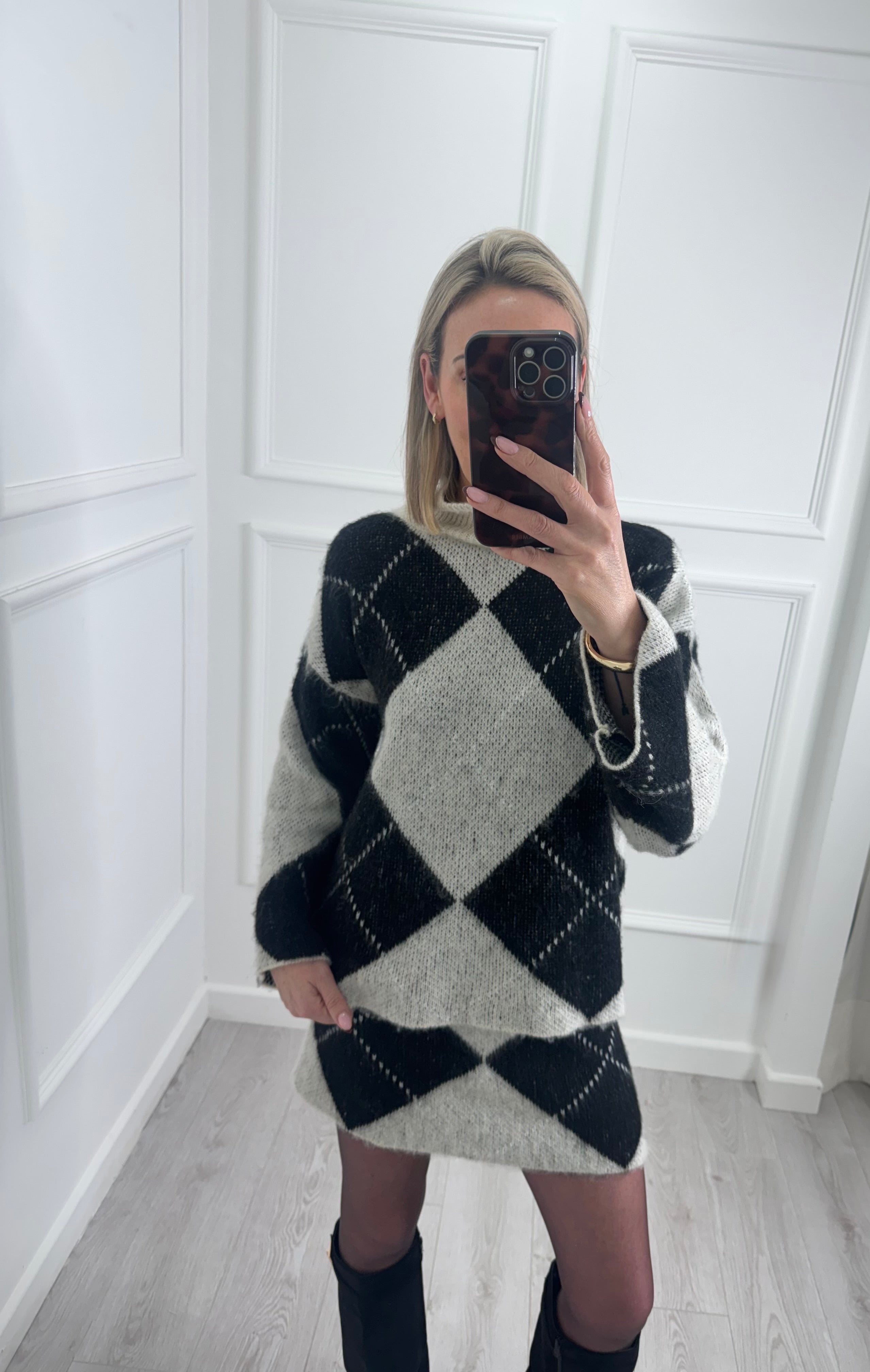 Cream Argyle Knit Jumper & Skirt Set