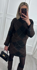 Black Brown Argyle Knit Jumper & Skirt Set