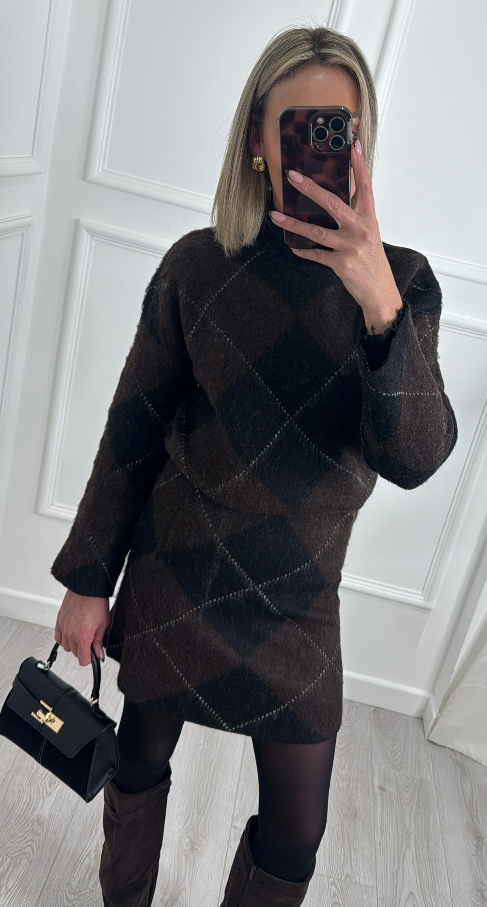 Black Brown Argyle Knit Jumper & Skirt Set
