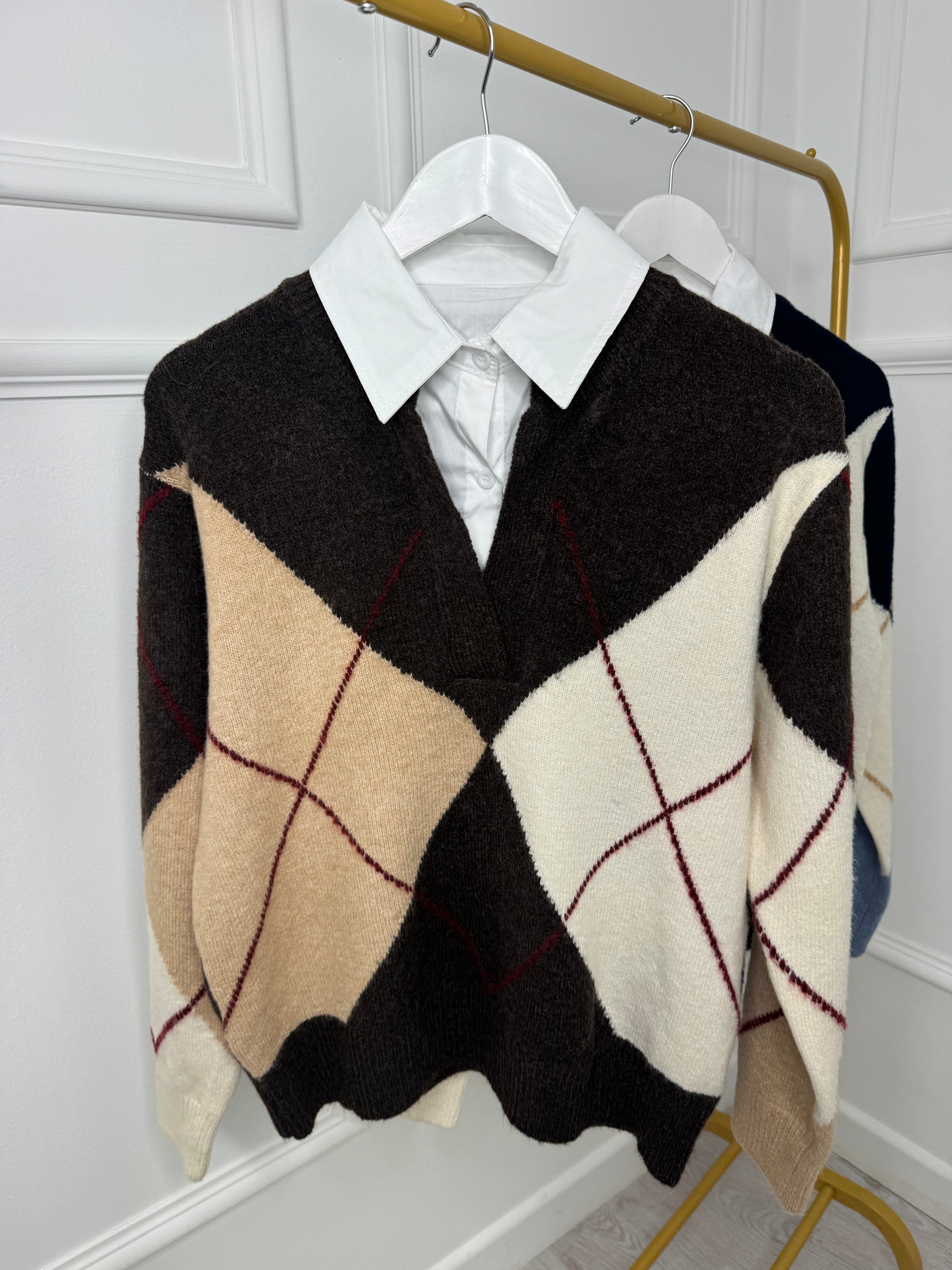 Argyle Knit Jumper with Shirt Detail