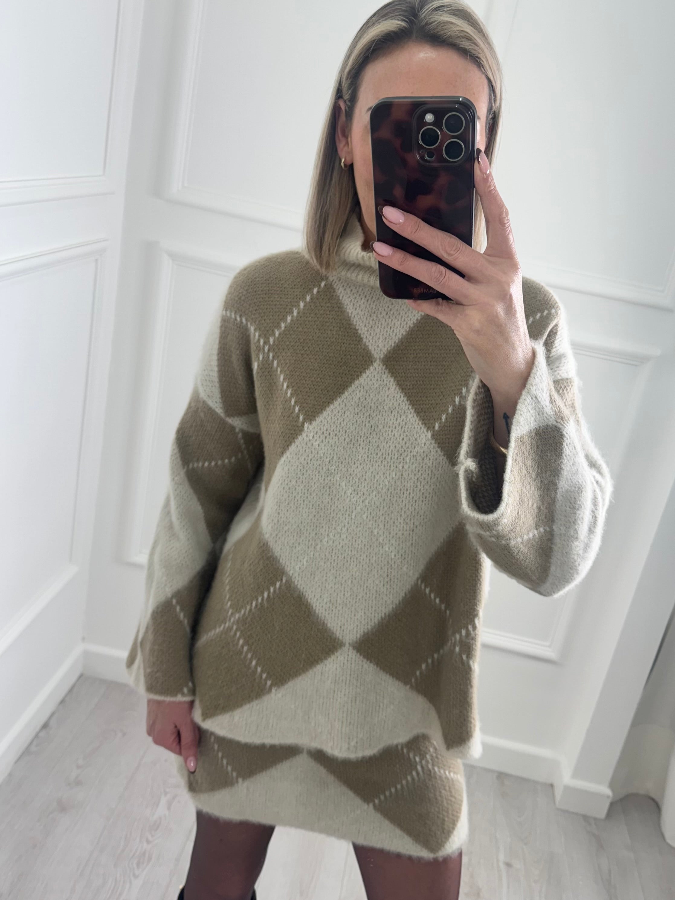 Cream/Taupe Argyle Knit Jumper & Skirt Set