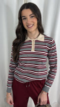 Grey & Burgundy Stripe Knit Polo Top