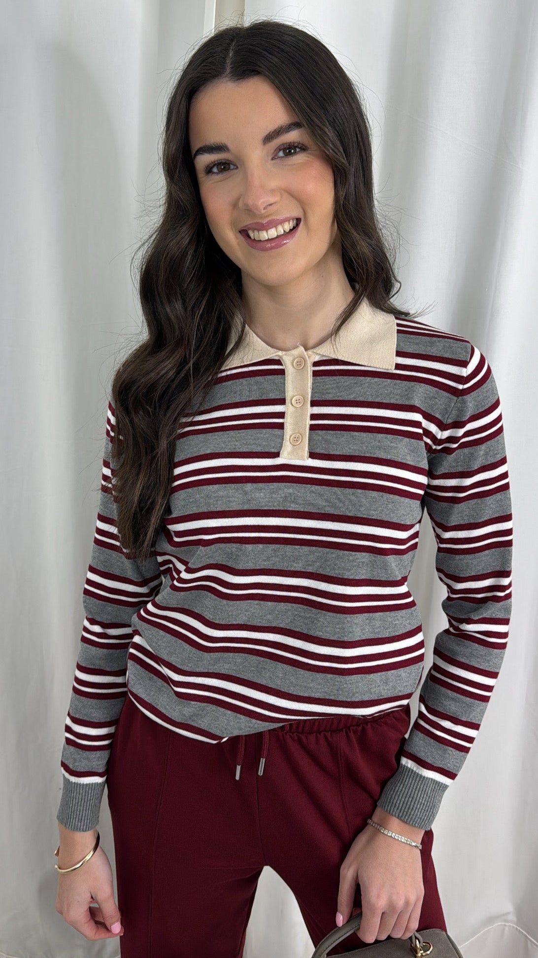 Grey & Burgundy Stripe Knit Polo Top