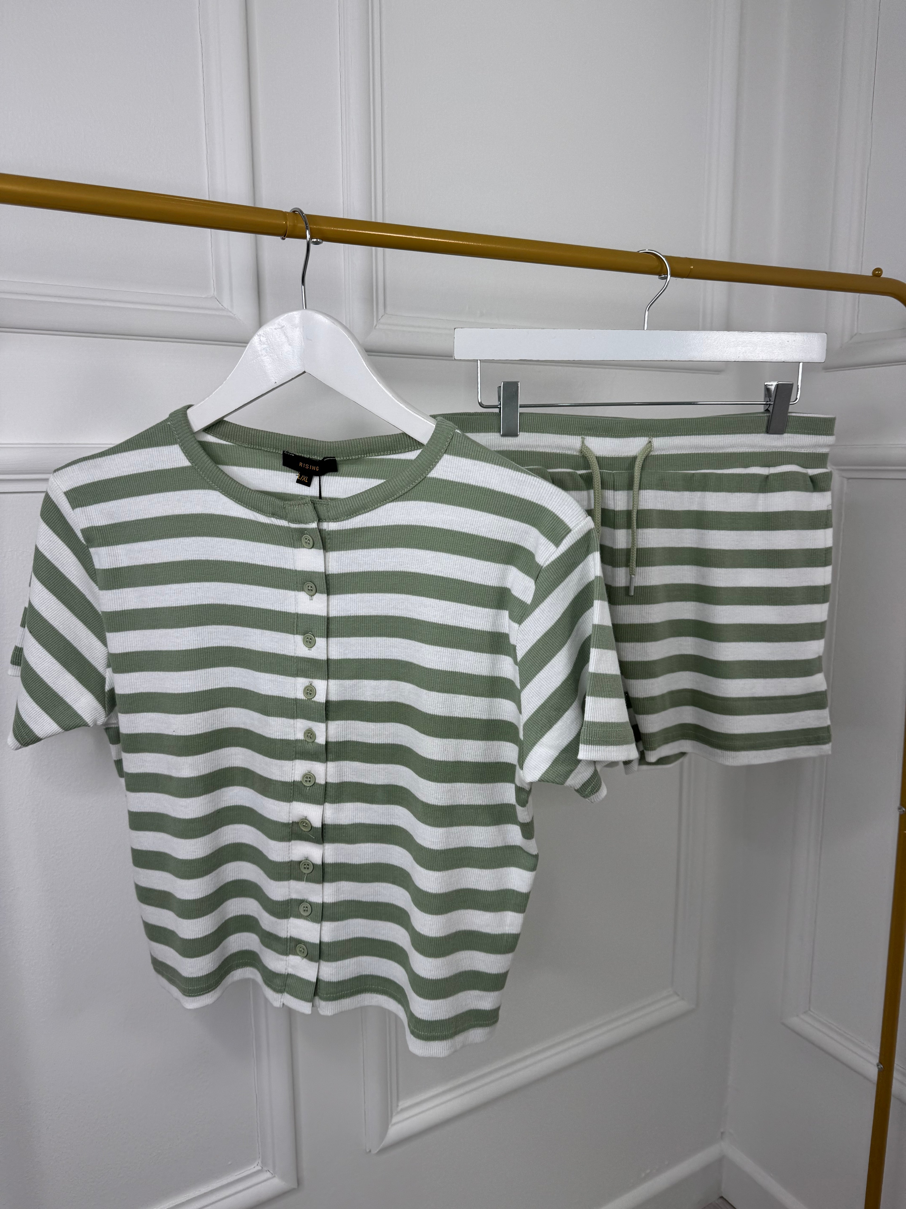 Sage Stripe Button Top & Shorts      Co ord  Set
