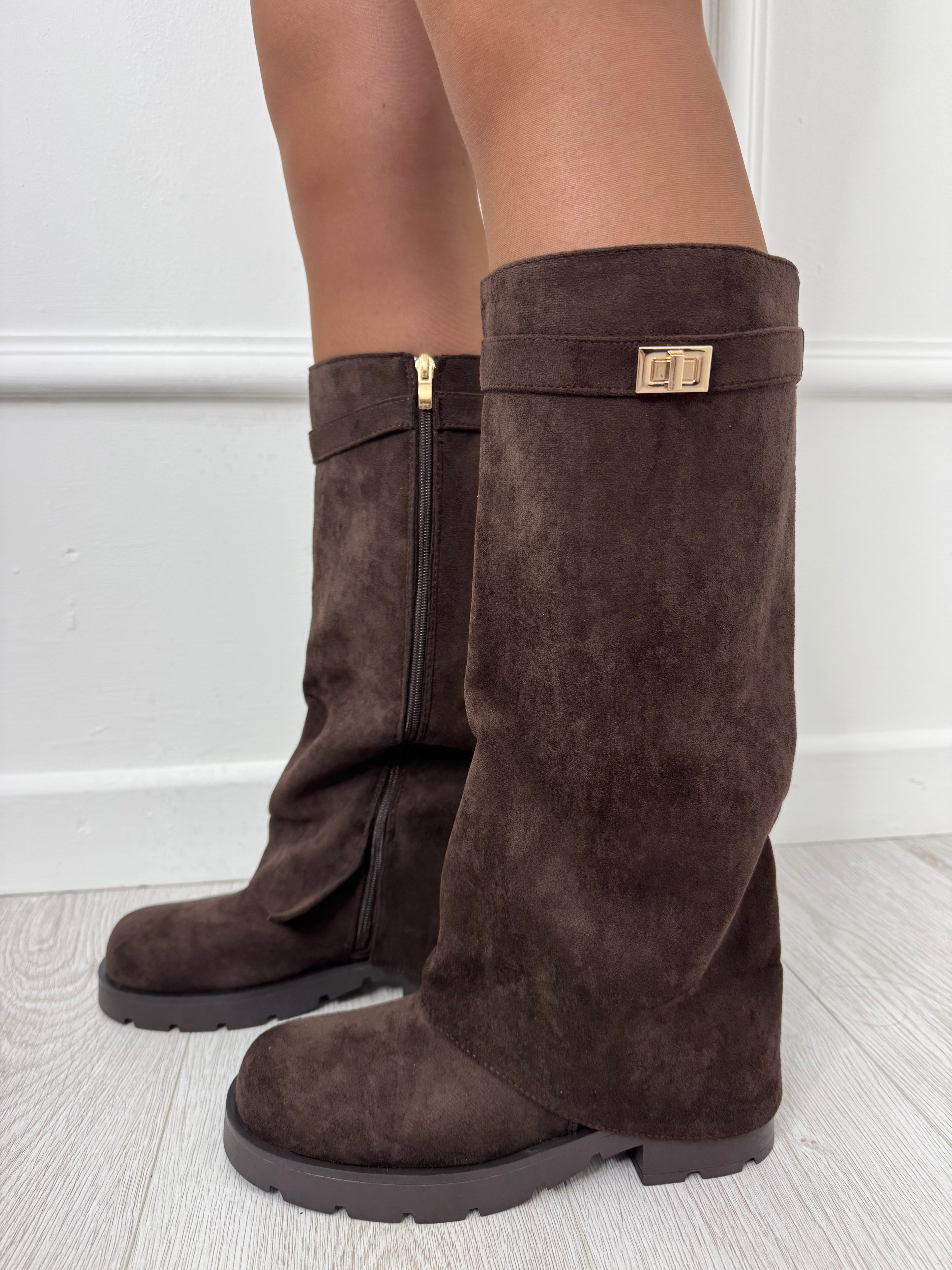 Brown Faux Suede Knee High Boots