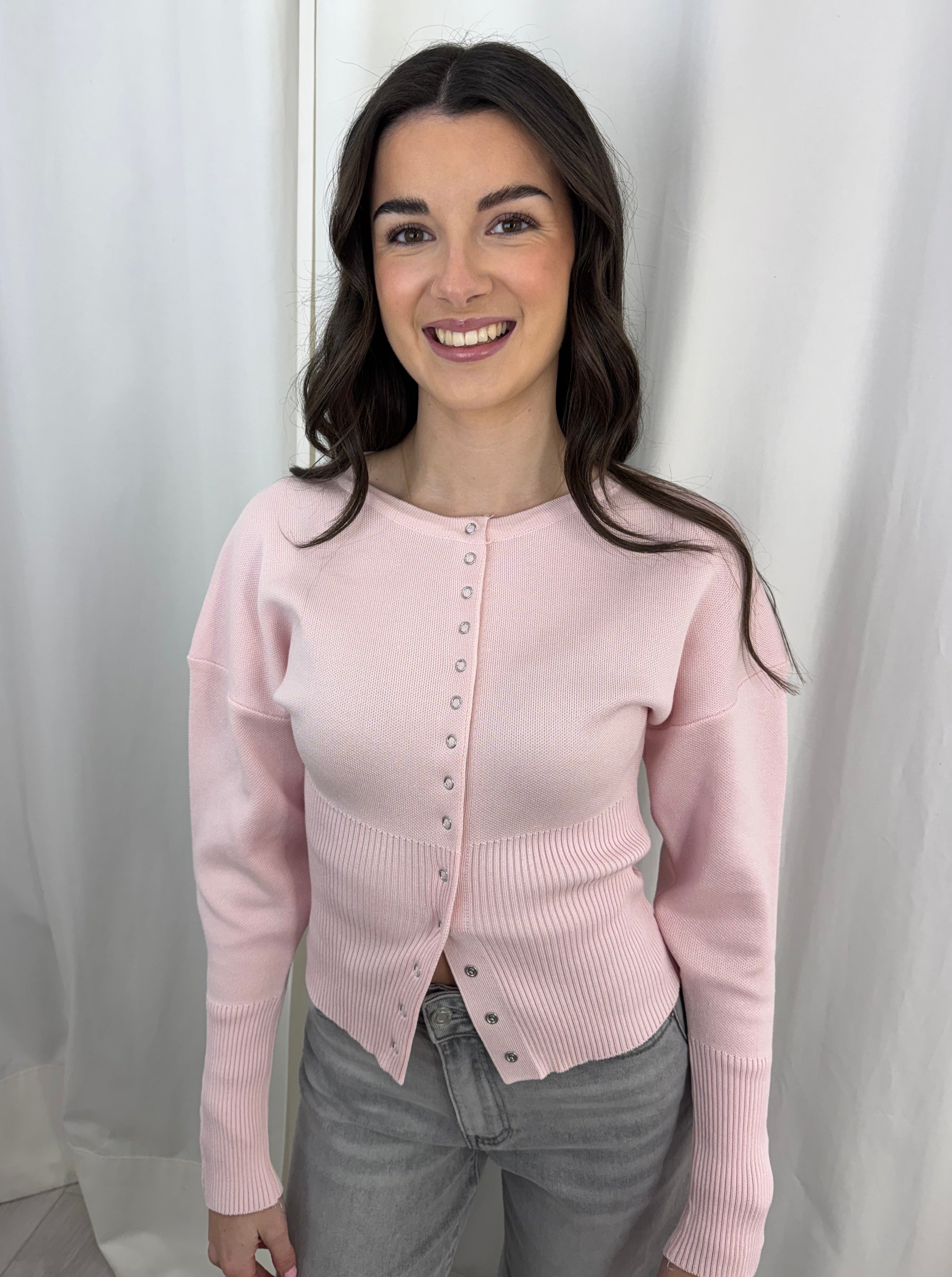 Baby Pink Press Stud Knit Cardigan