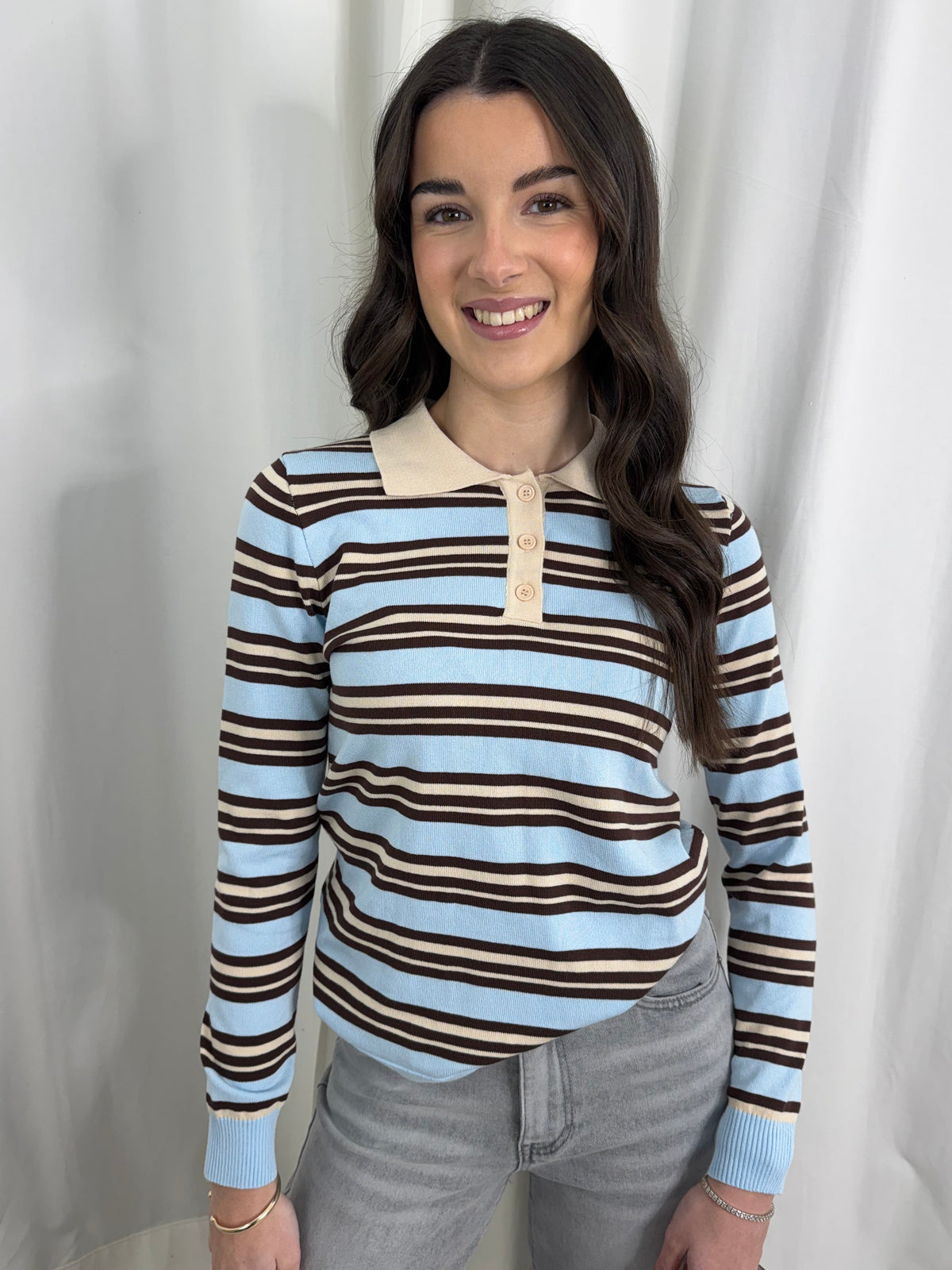 Blue & Cream Stripe Knit Polo Top – Grace Boutique