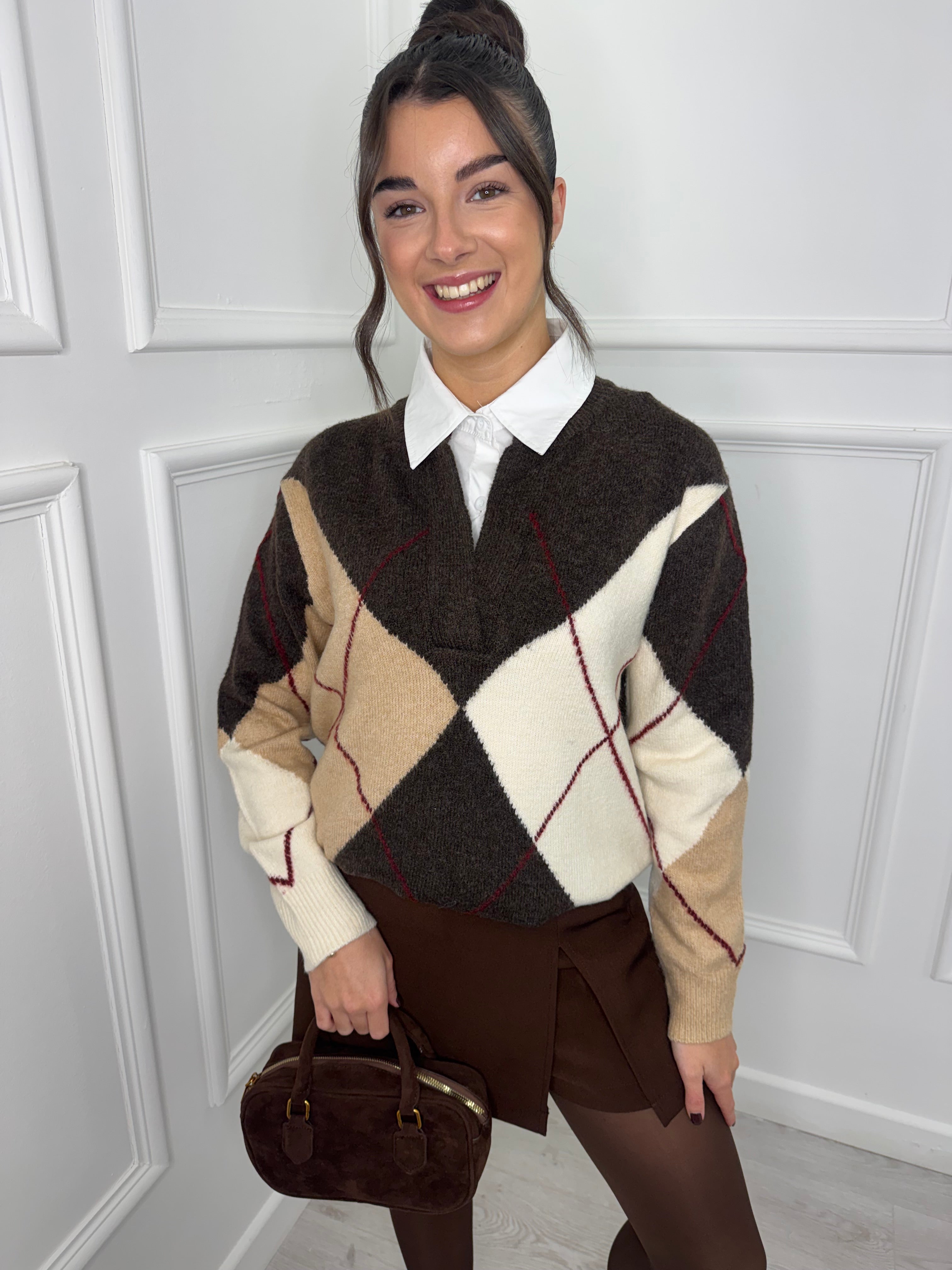 Argyle Knit Jumper with Shirt Detail