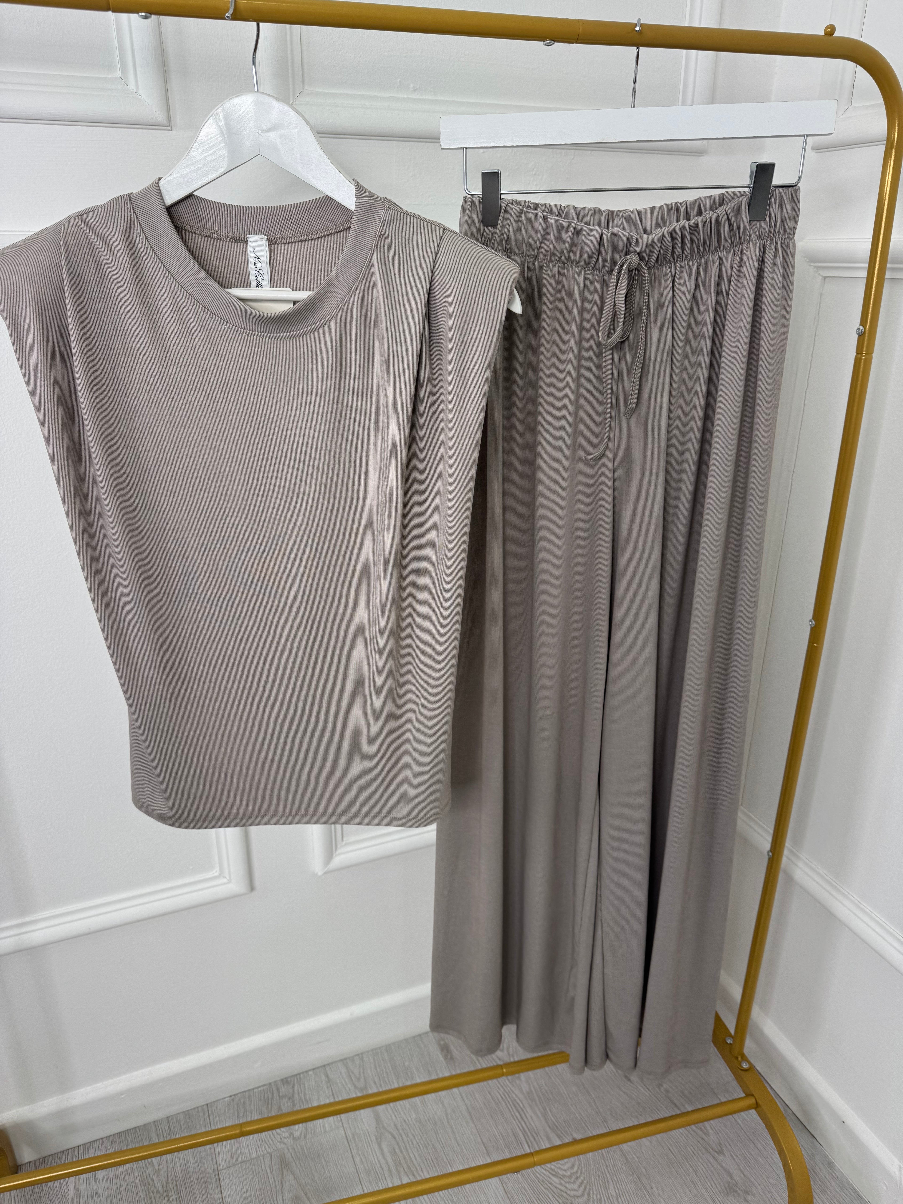 Taupe Shoulder Pad Top and Trousers Two Piece Set Co ord