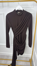 Brown High Neck Drape Dress