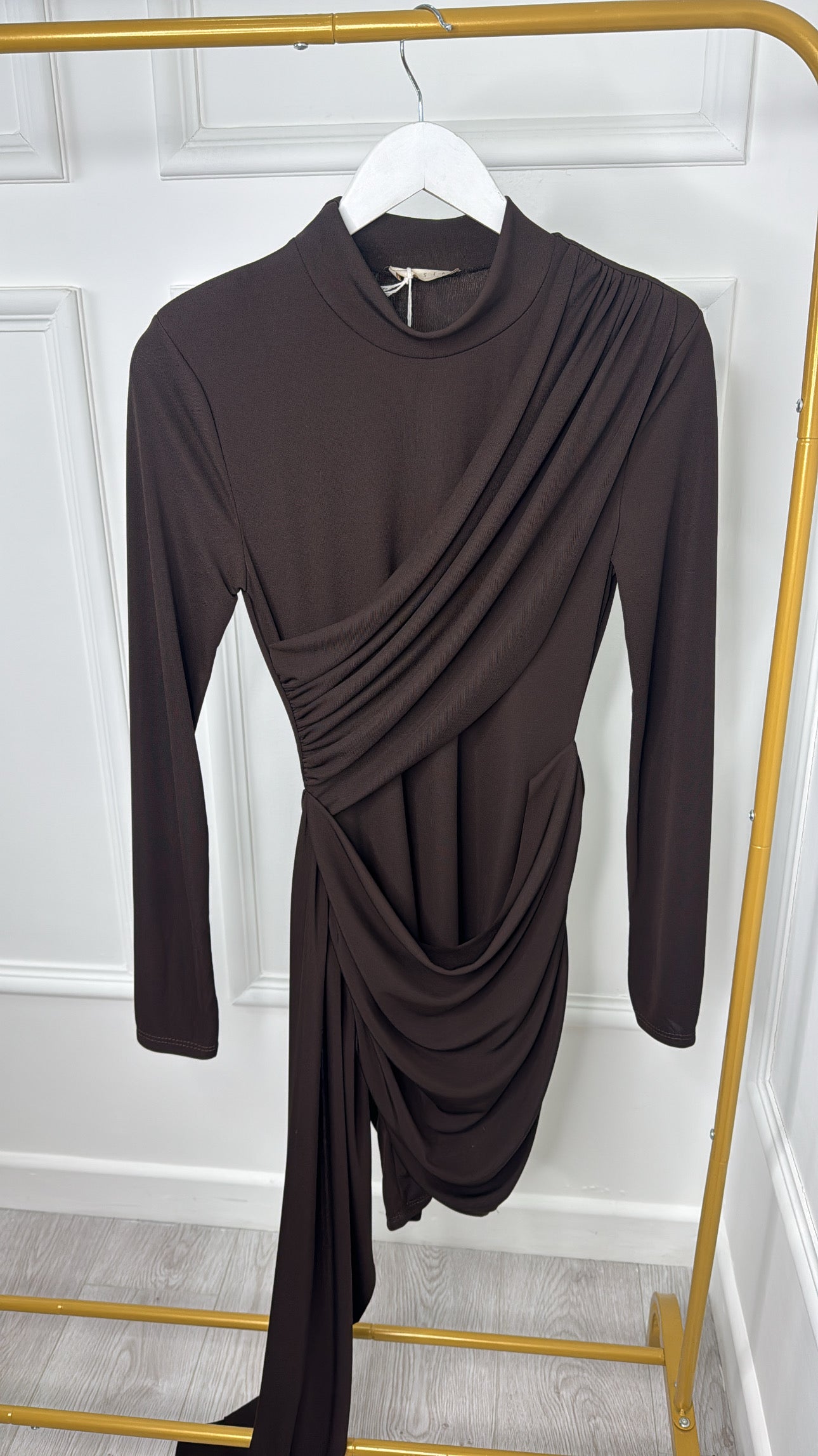 Brown High Neck Drape Dress