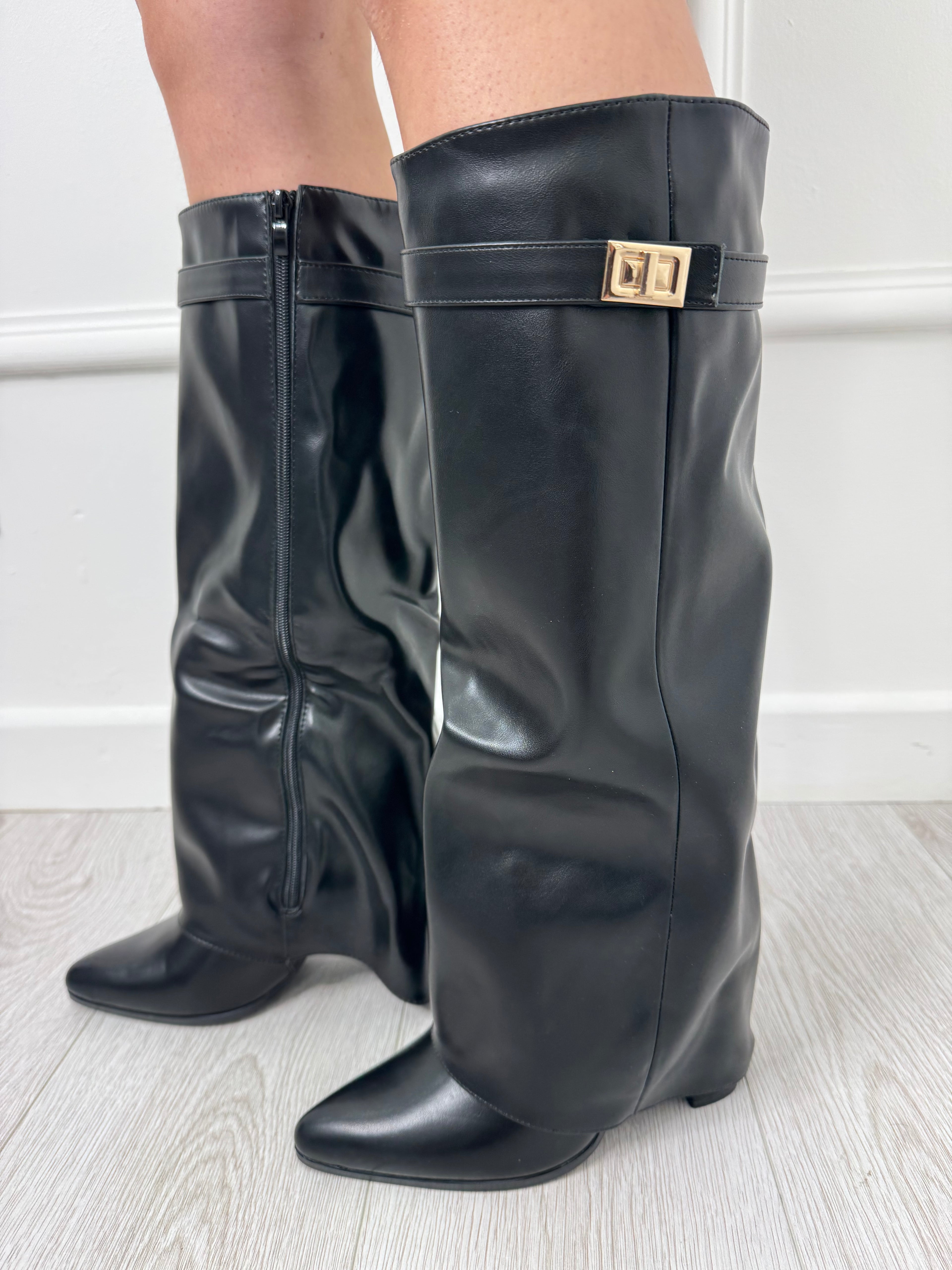 Black Faux Leather Heeled Knee High Boots