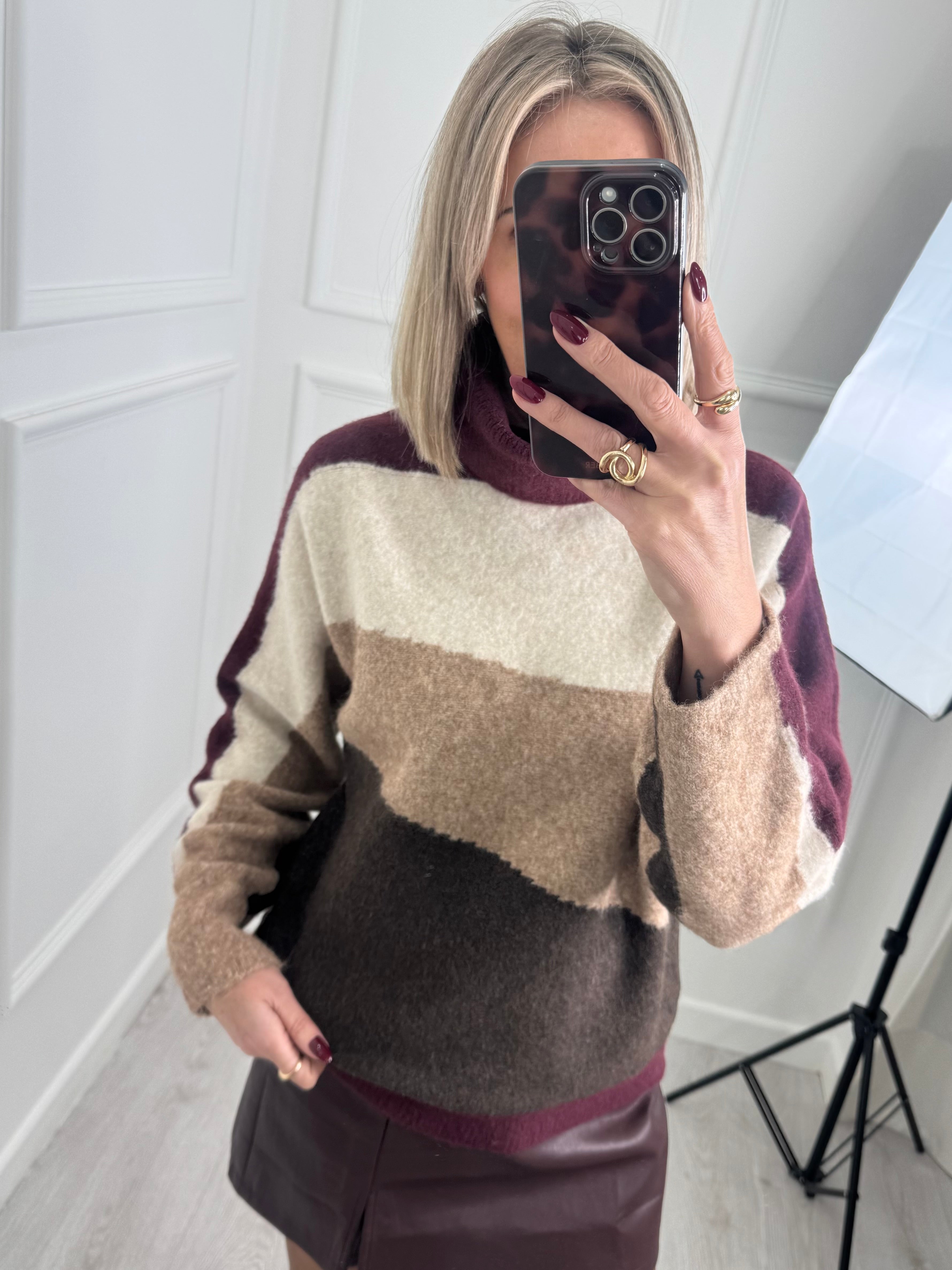 Burgundy Roll Neck Geo Knit Jumper
