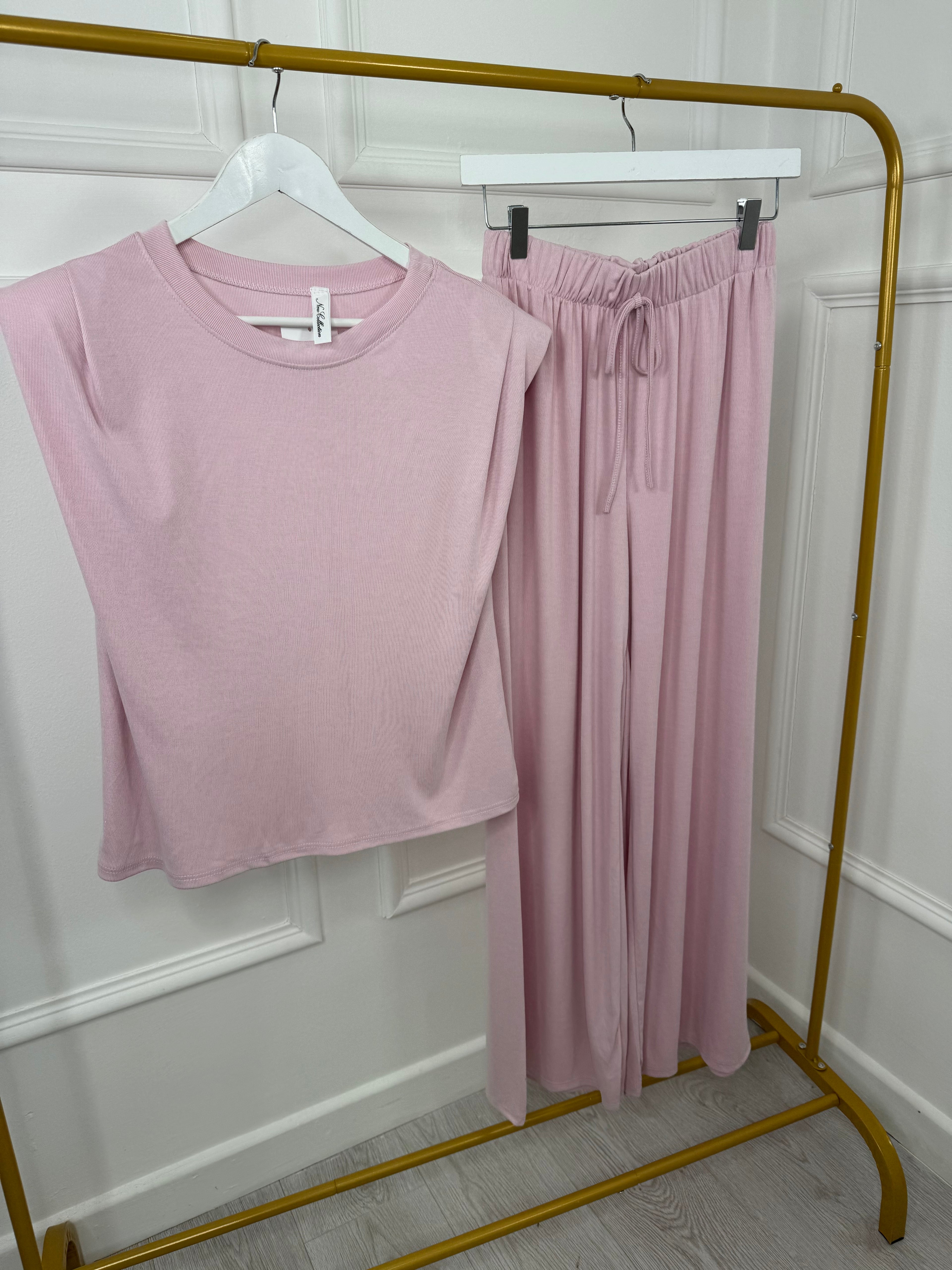 Pink Shoulder Pad Top and Trousers Two Piece Set Co ord