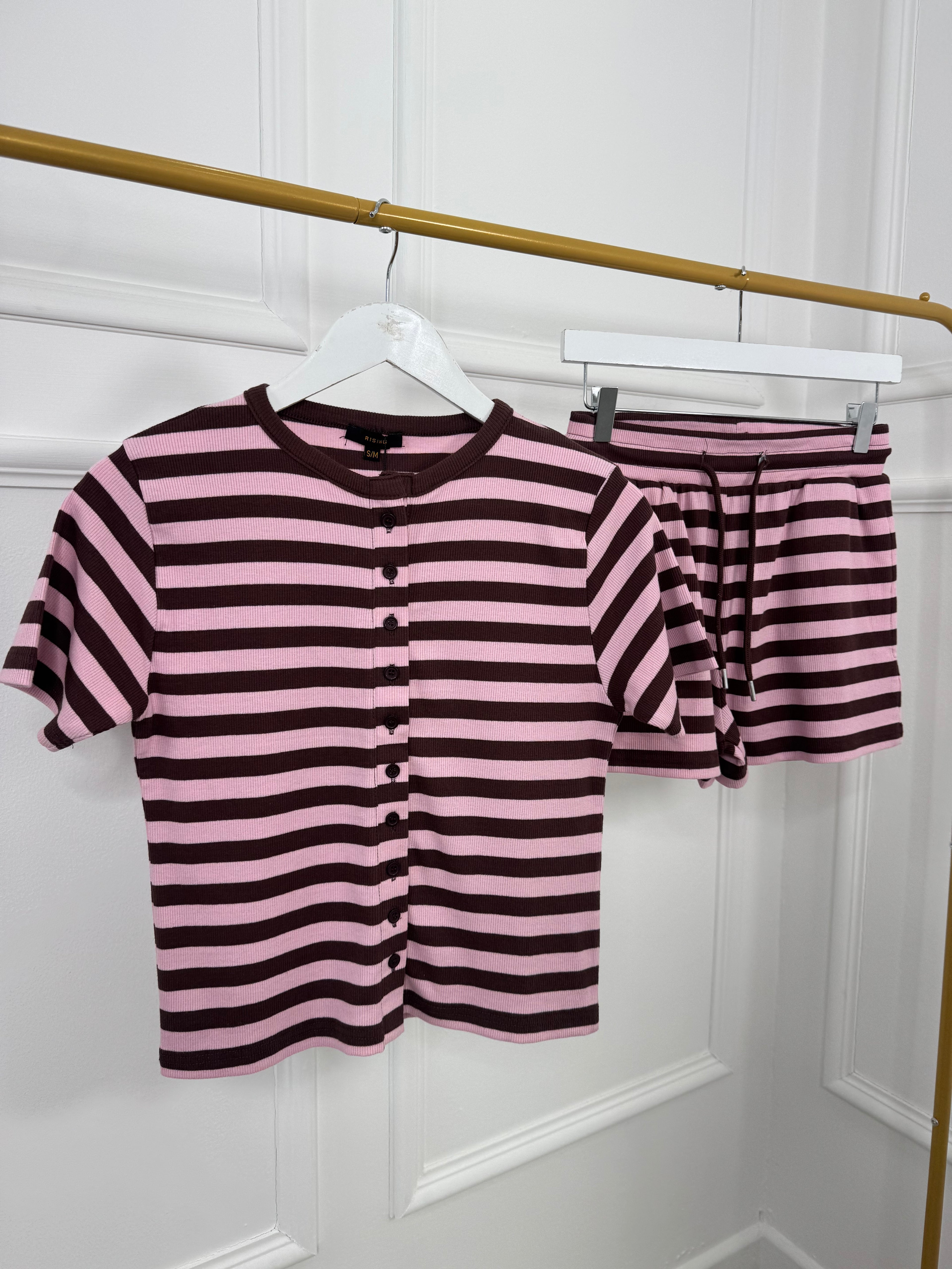 Chocolate / Pink Stripe Button Top & Shorts Co ord Set
