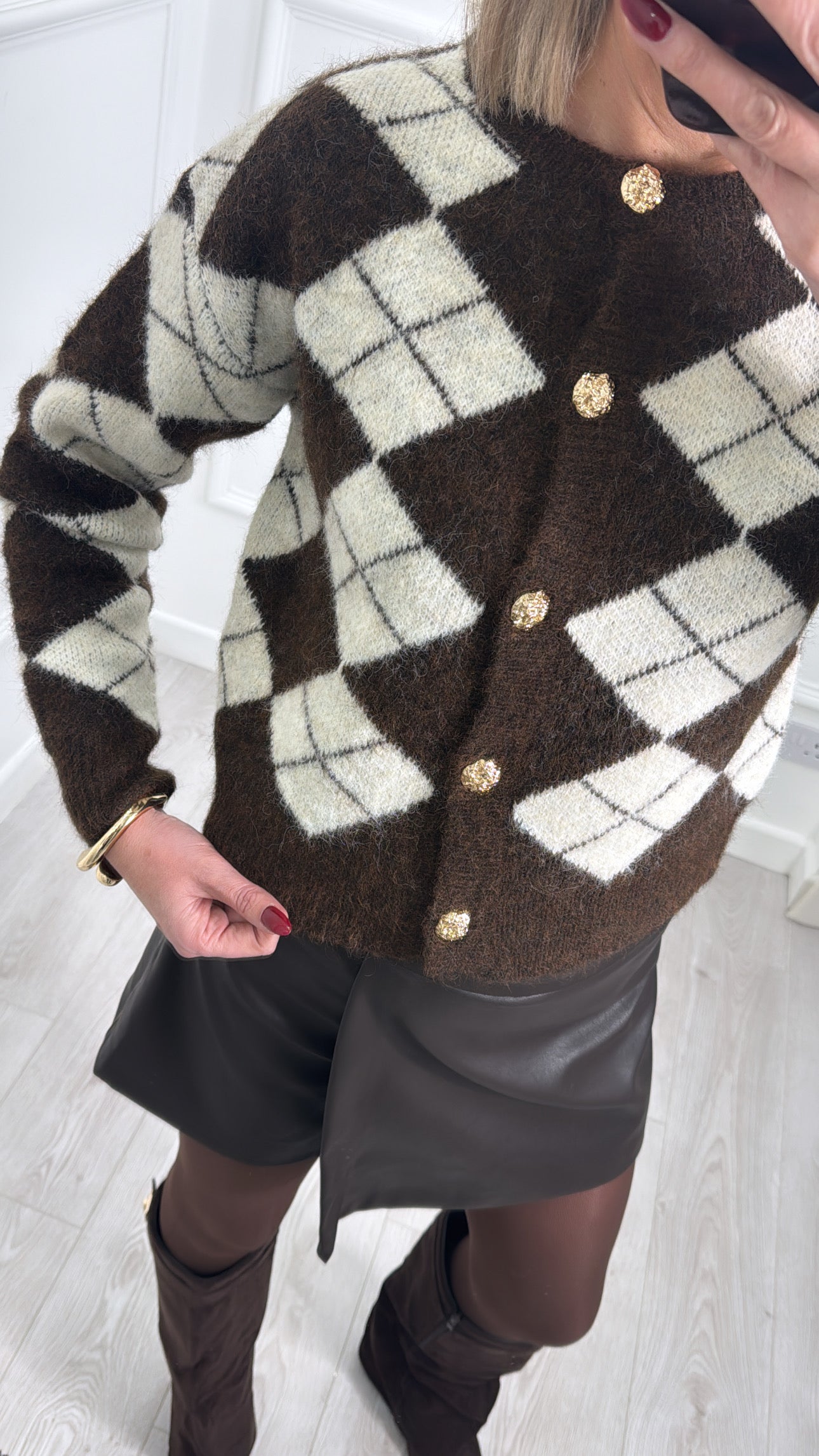 Brown Gold Button Argyle Knit Cardigan