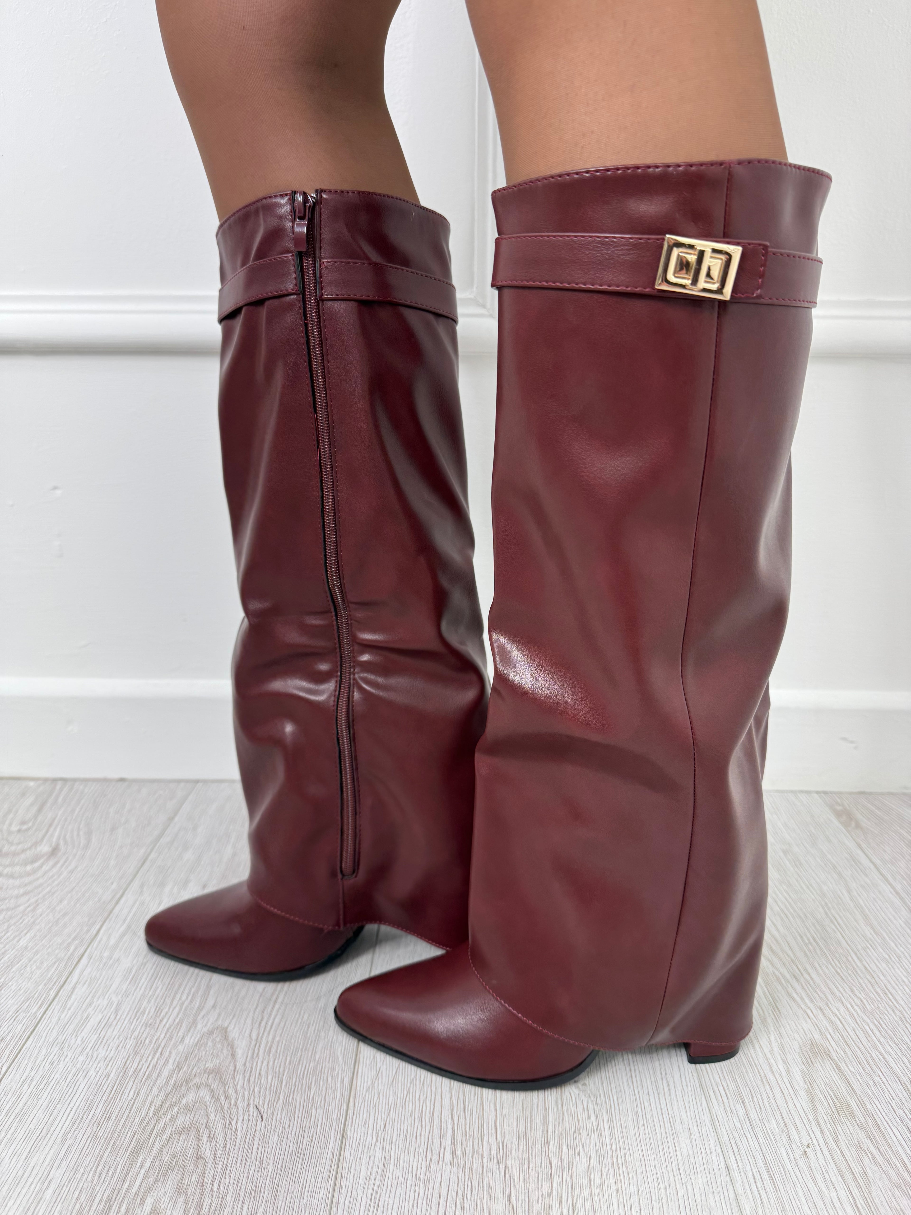 Burgundy Faux Leather Heeled Knee High Boots