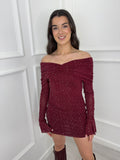 Burgundy Bardot Sparkle Dress