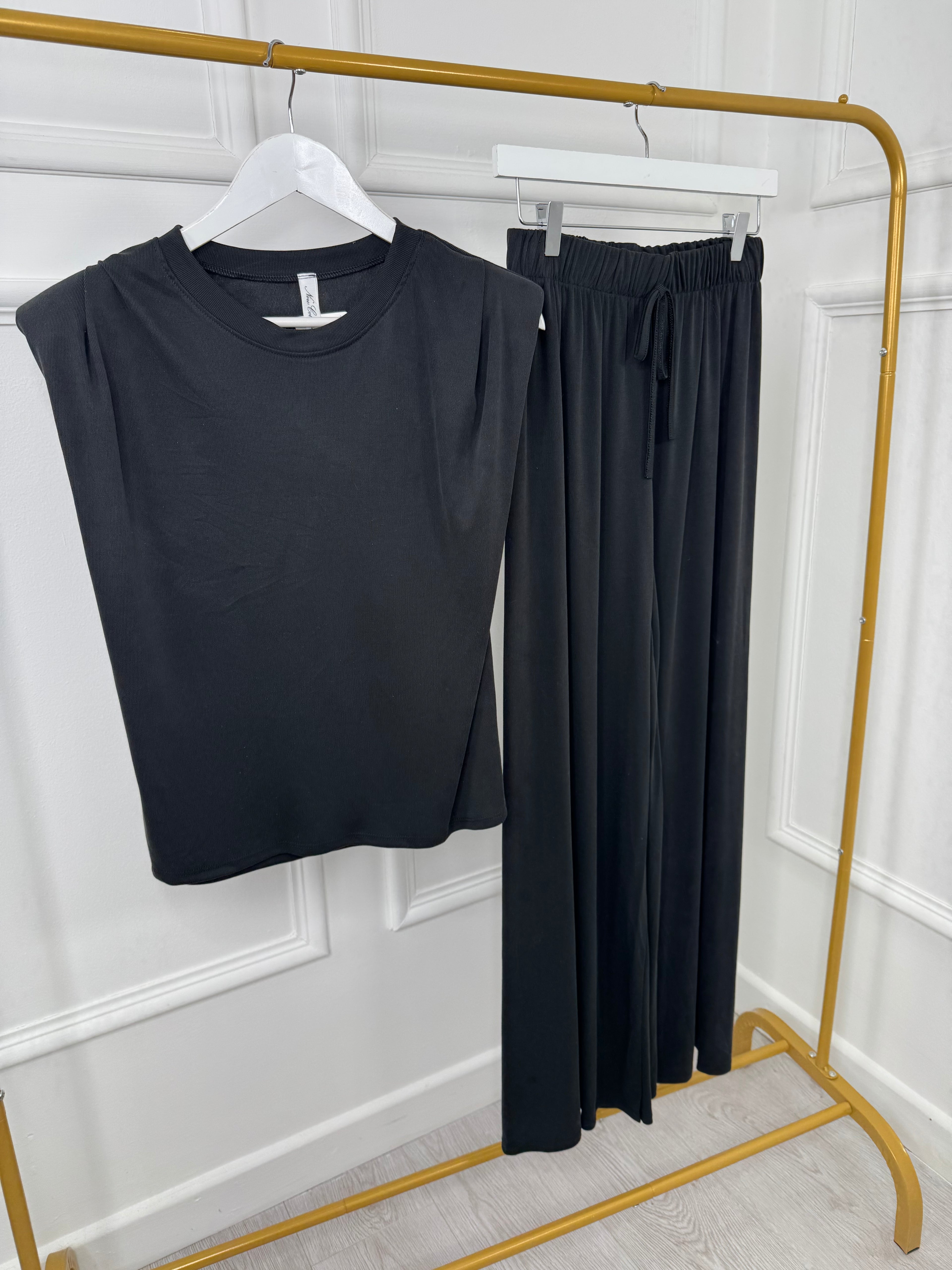 Black Shoulder Pad Top and Trousers Two Piece Set Co ord