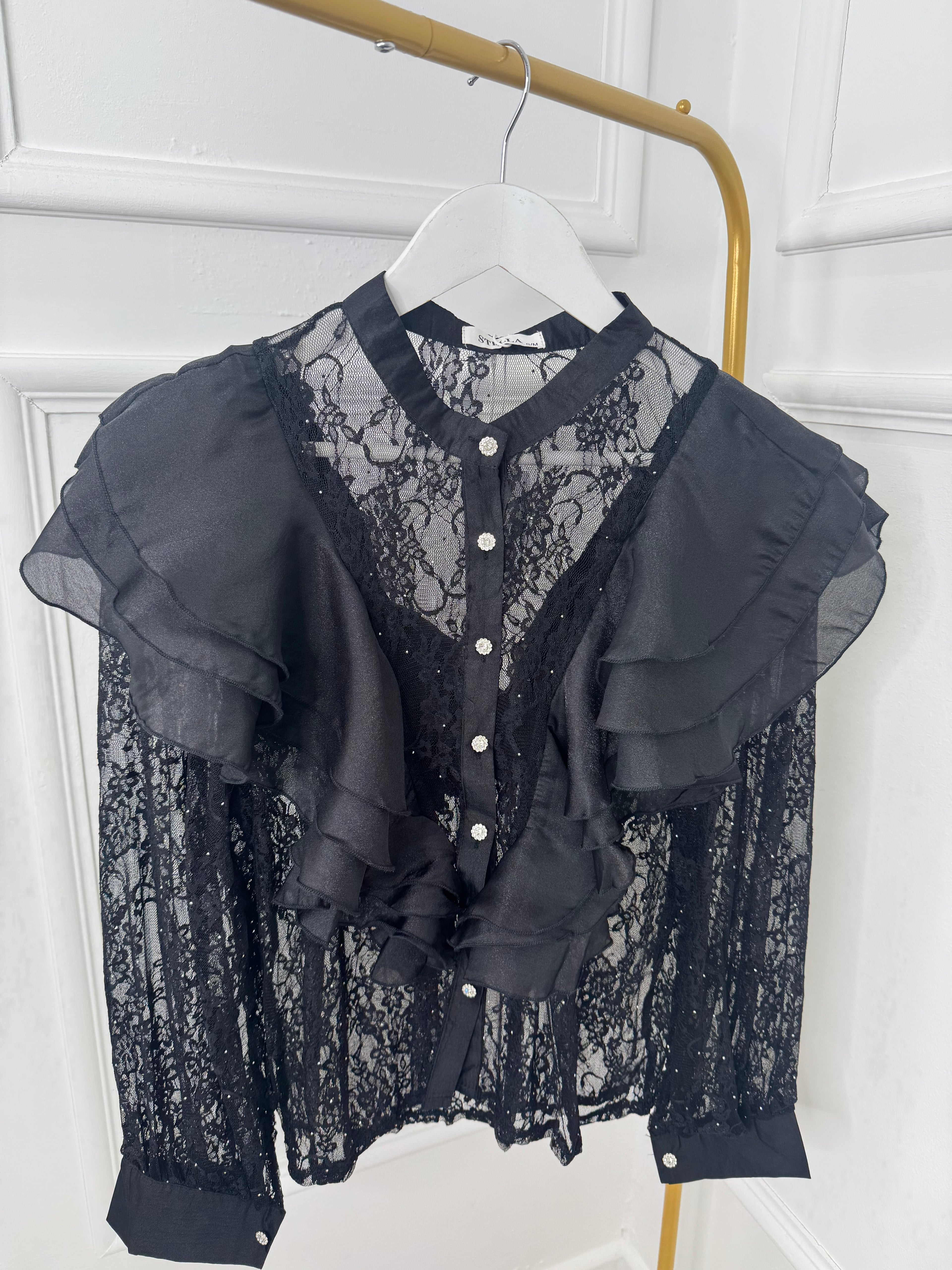 Black Embellished Lace & Satin Shirt