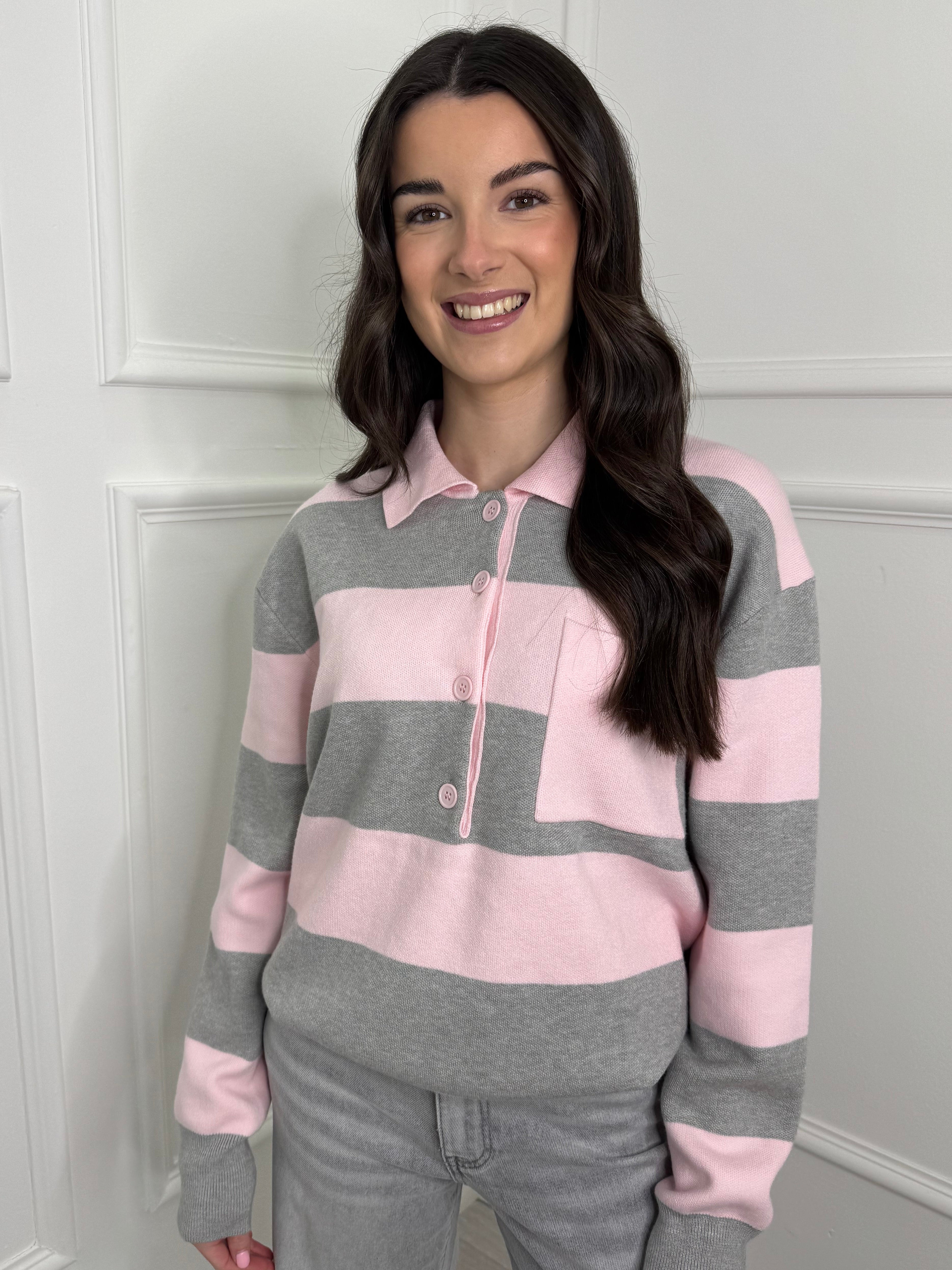 Grey & Pink Stripe Knit Polo Shirt