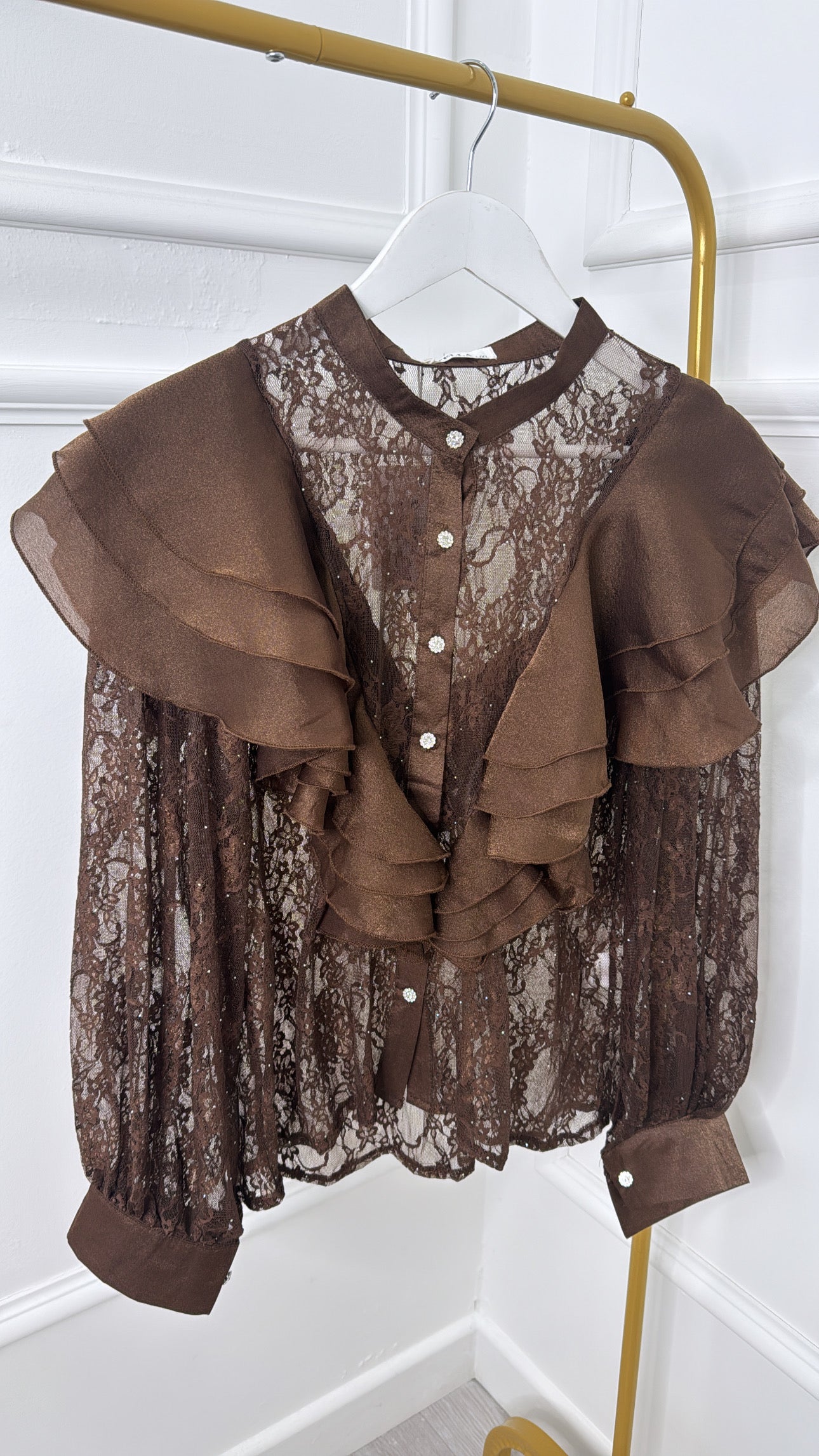Brown Embellished Lace & Satin Shirt