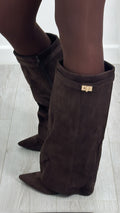 Brown Faux Suede Heeled Knee High Boots