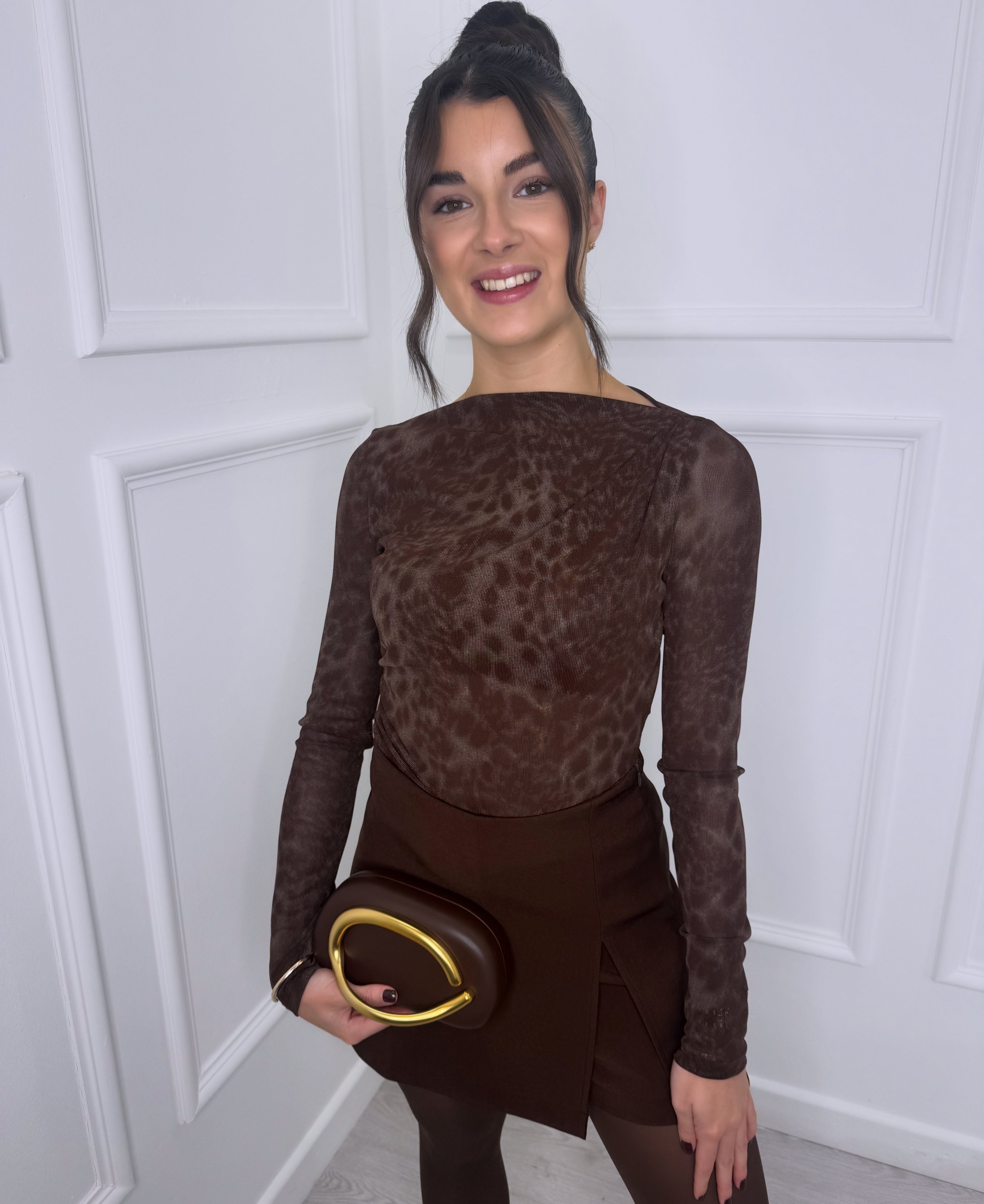 Brown Mesh Leopard Top