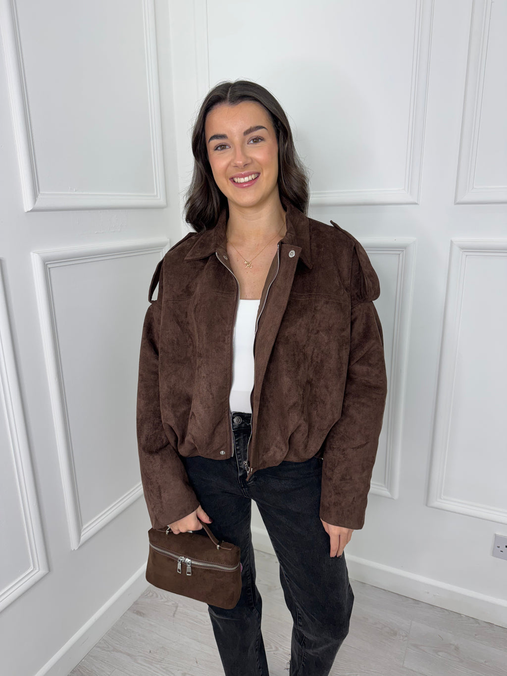 Brown Suede Look Bomber Jacket