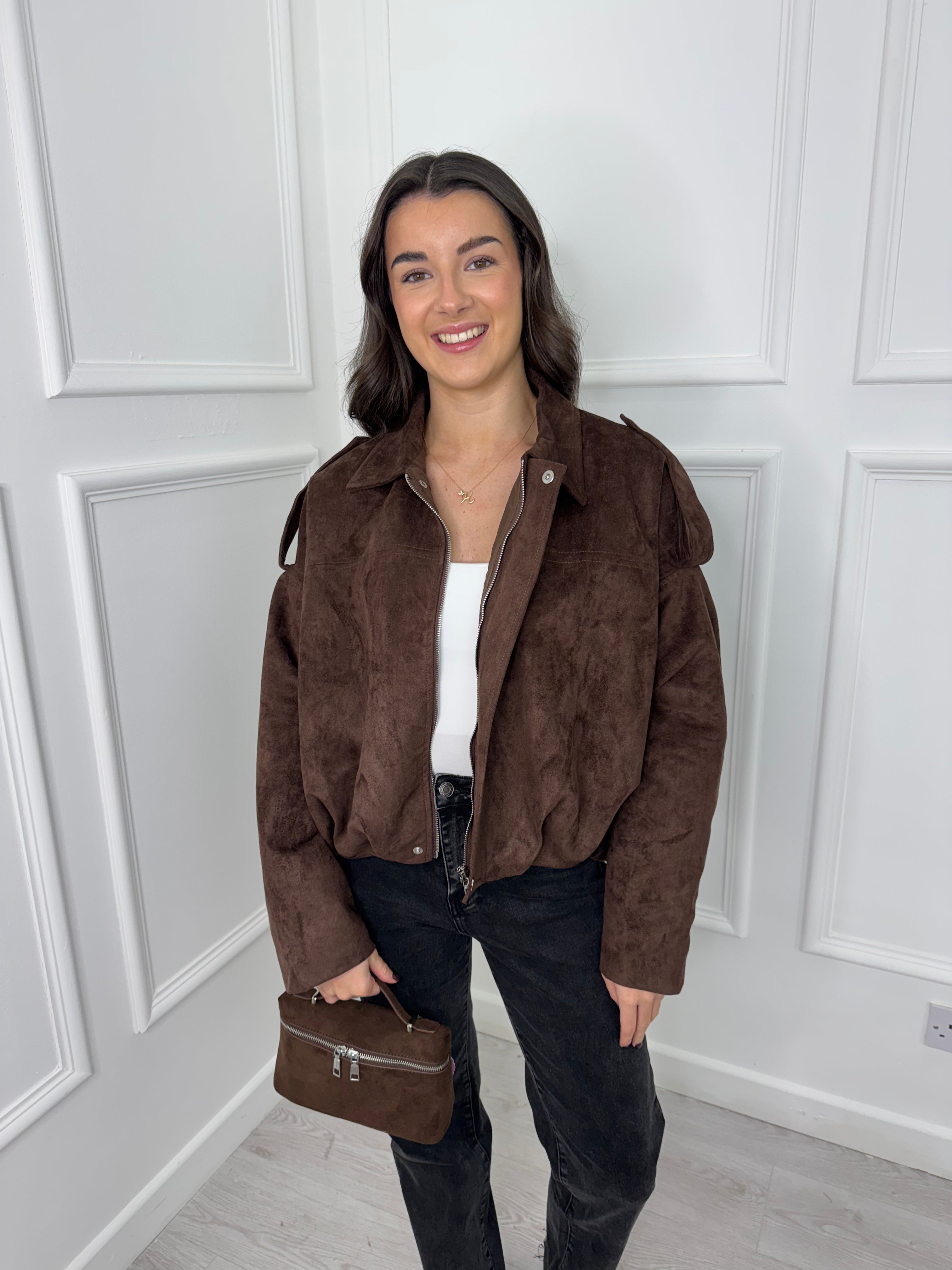 Brown Suede Look Bomber Jacket