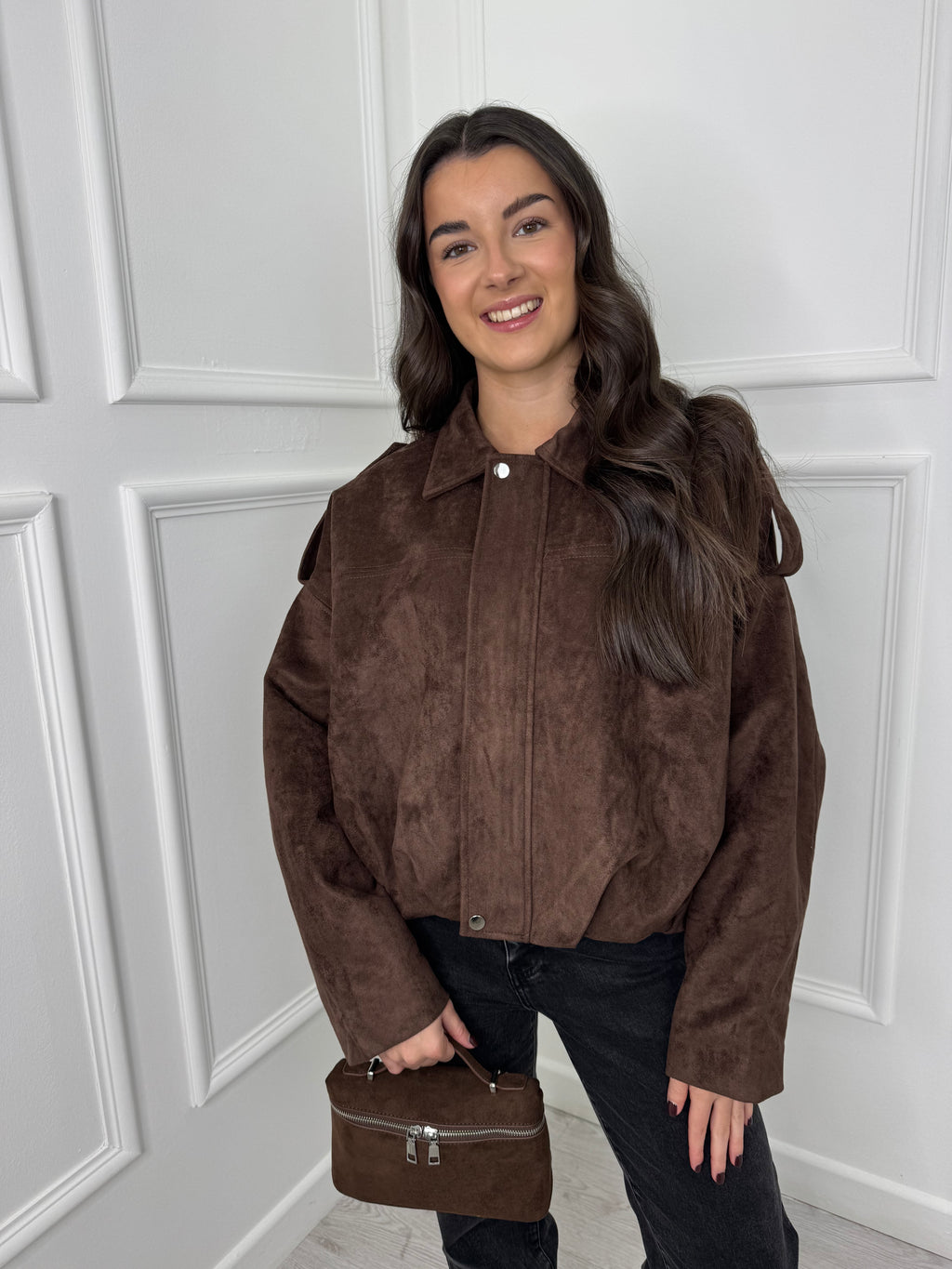 Brown Suede Look Bomber Jacket