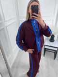 Burgundy Contrast Stripe Tracksuit Set