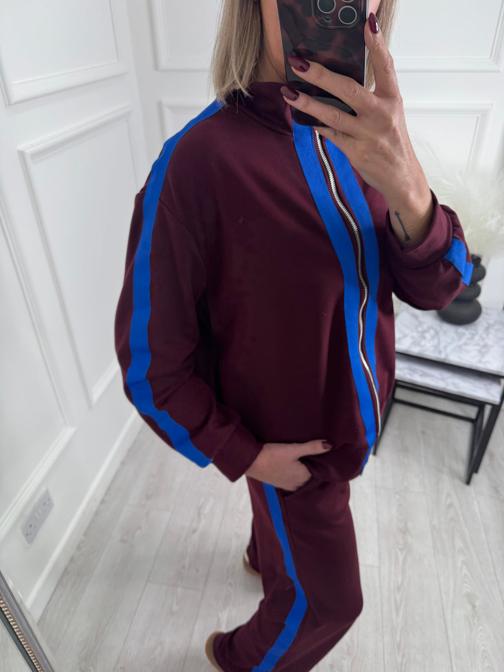 Burgundy Contrast Stripe Tracksuit Set