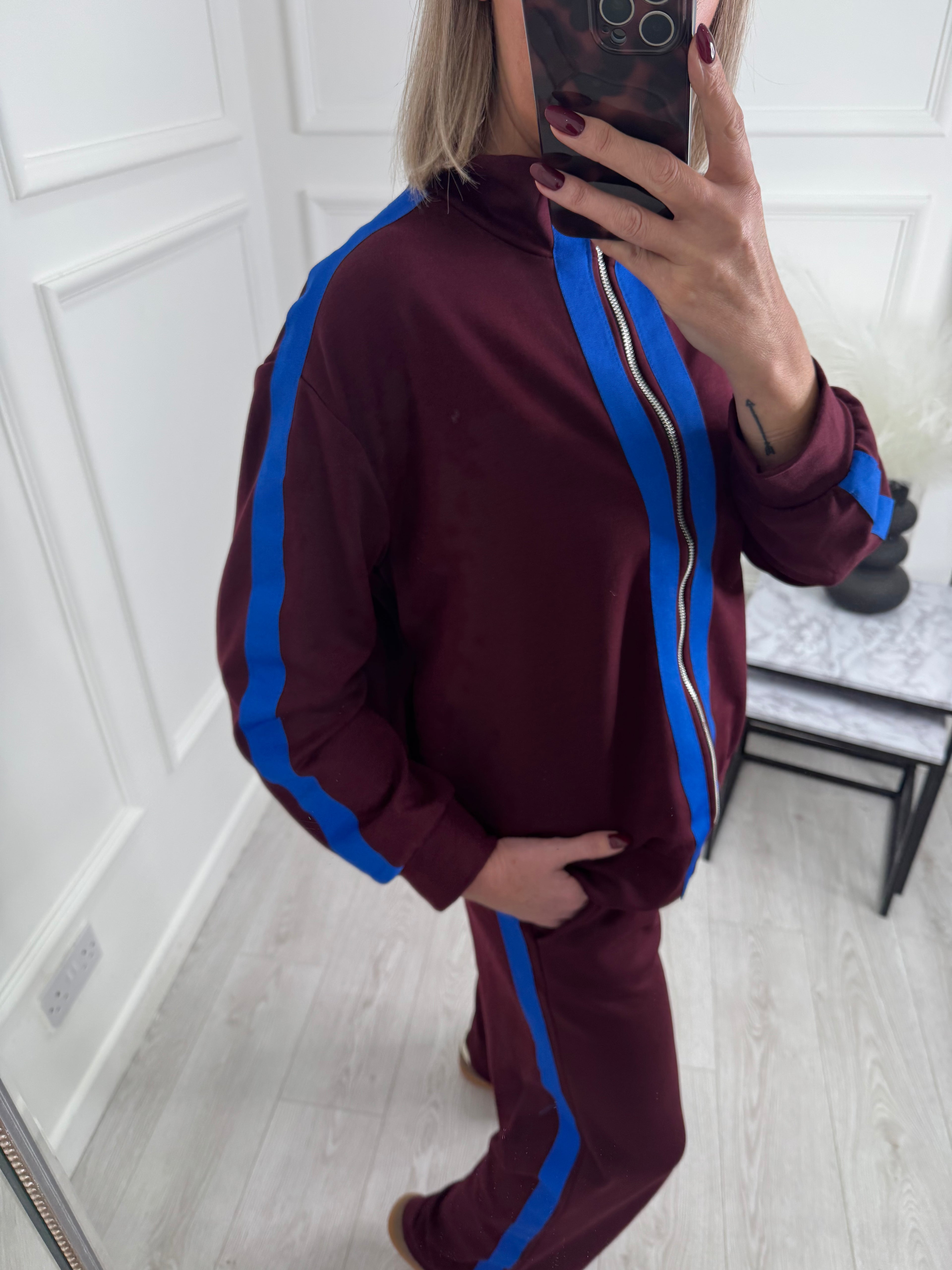 Burgundy Contrast Stripe Tracksuit Set