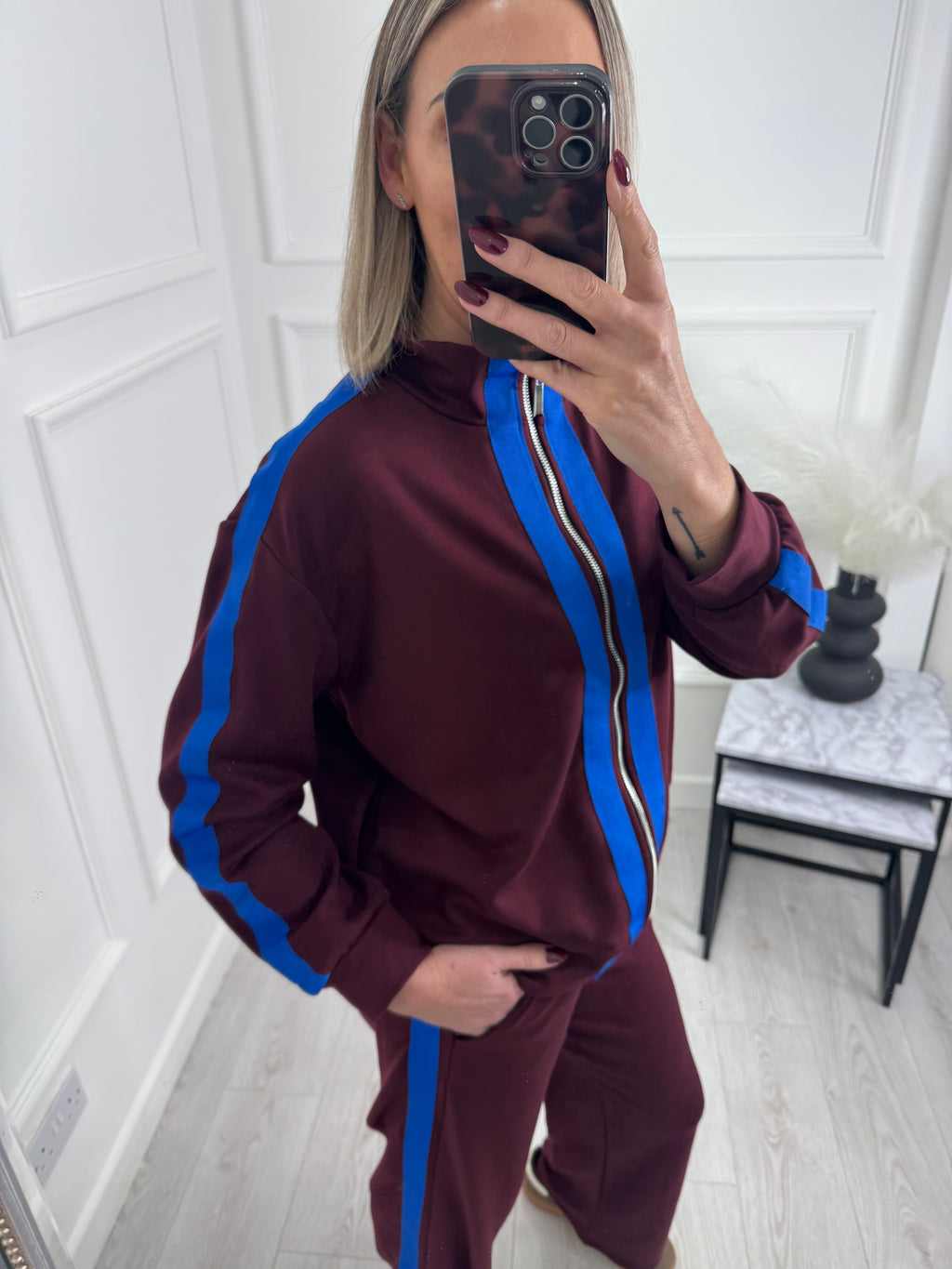Burgundy Contrast Stripe Tracksuit Set