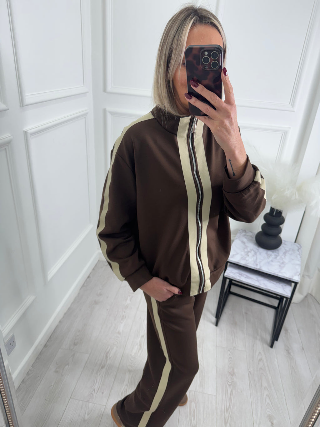 Brown Contrast Stripe Tracksuit Set