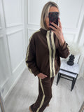 Brown Contrast Stripe Tracksuit Set